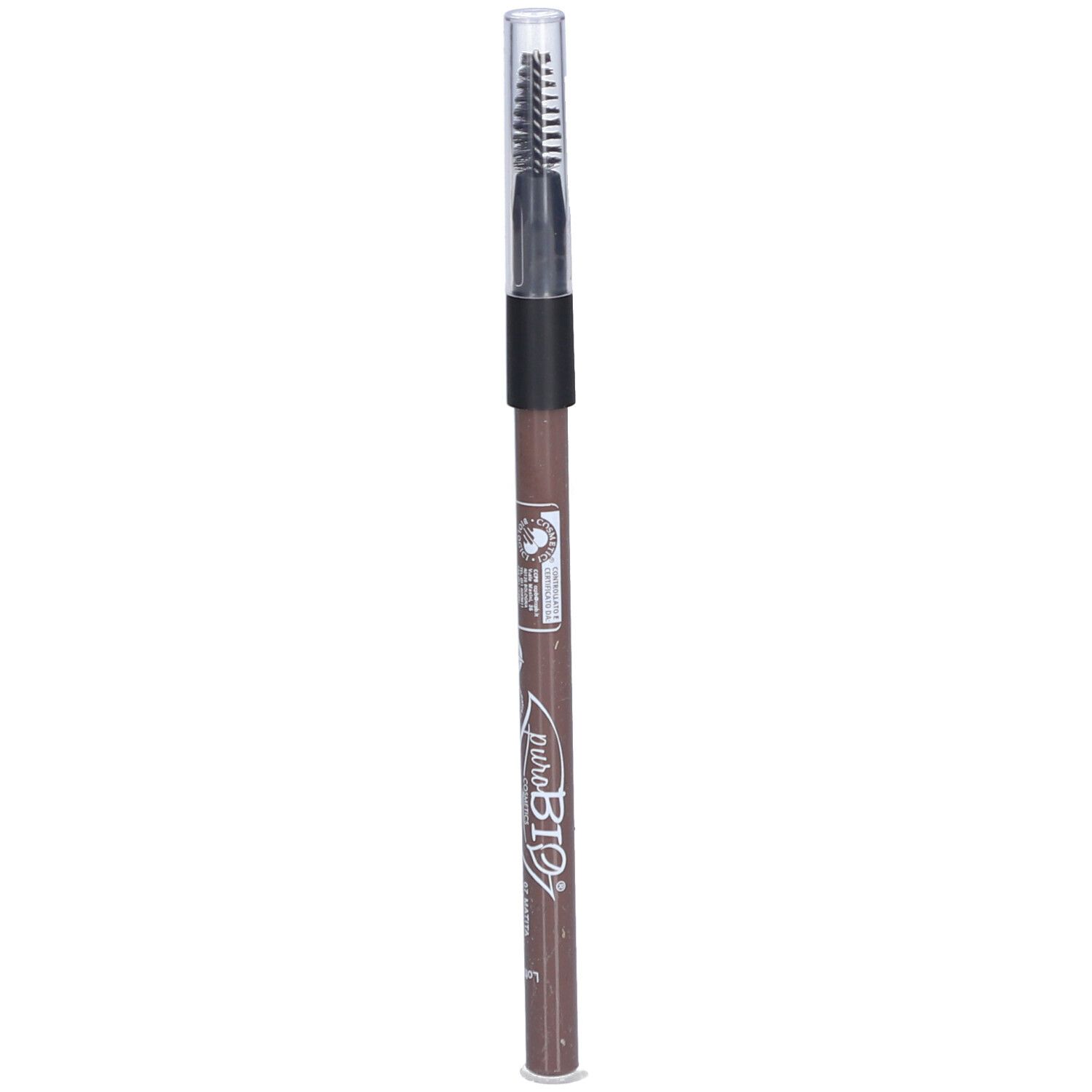 Crayon à sourcils brun avec brosse et capuchon. Inscription : puroBIO.