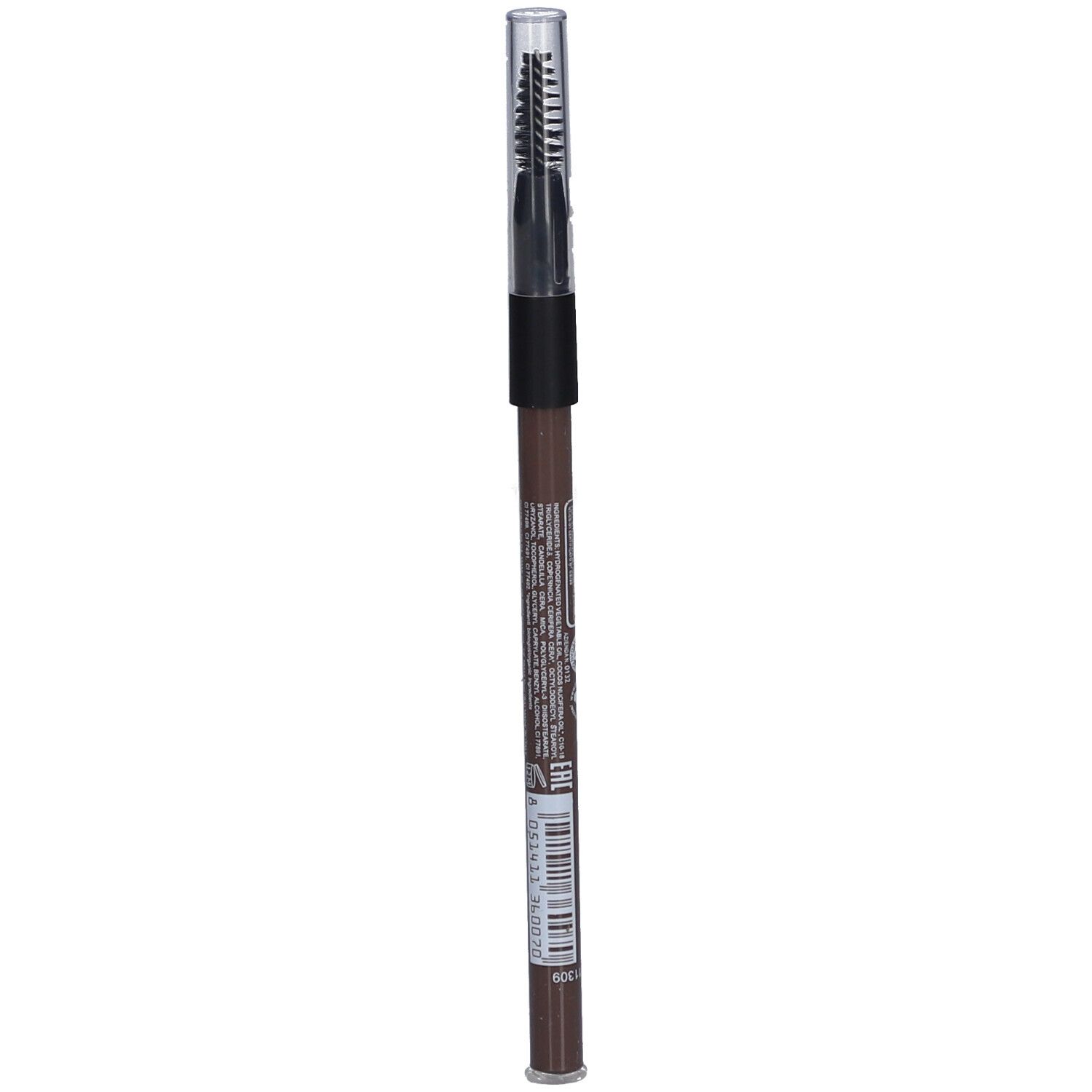Crayon à sourcils brun avec brosse et capuchon. Inscription : puroBIO.