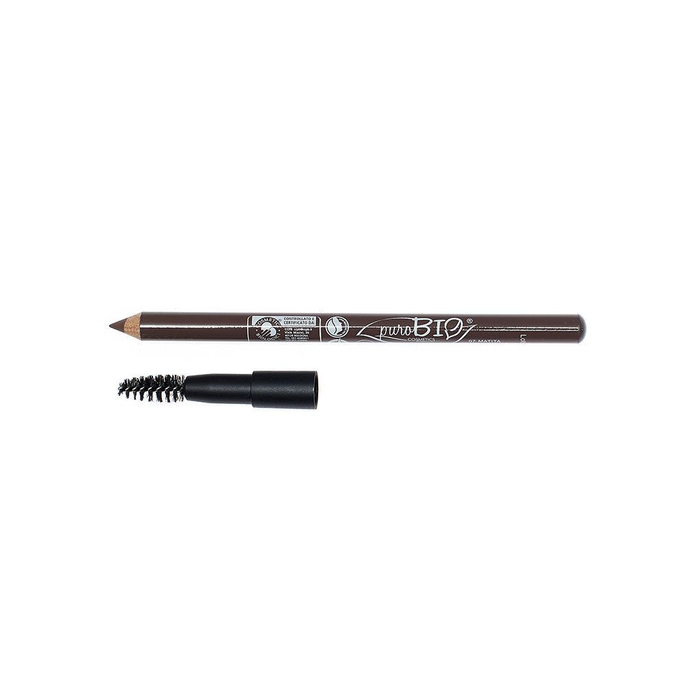 Crayon à sourcils brun et brosse séparée. Inscription : puroBIO.