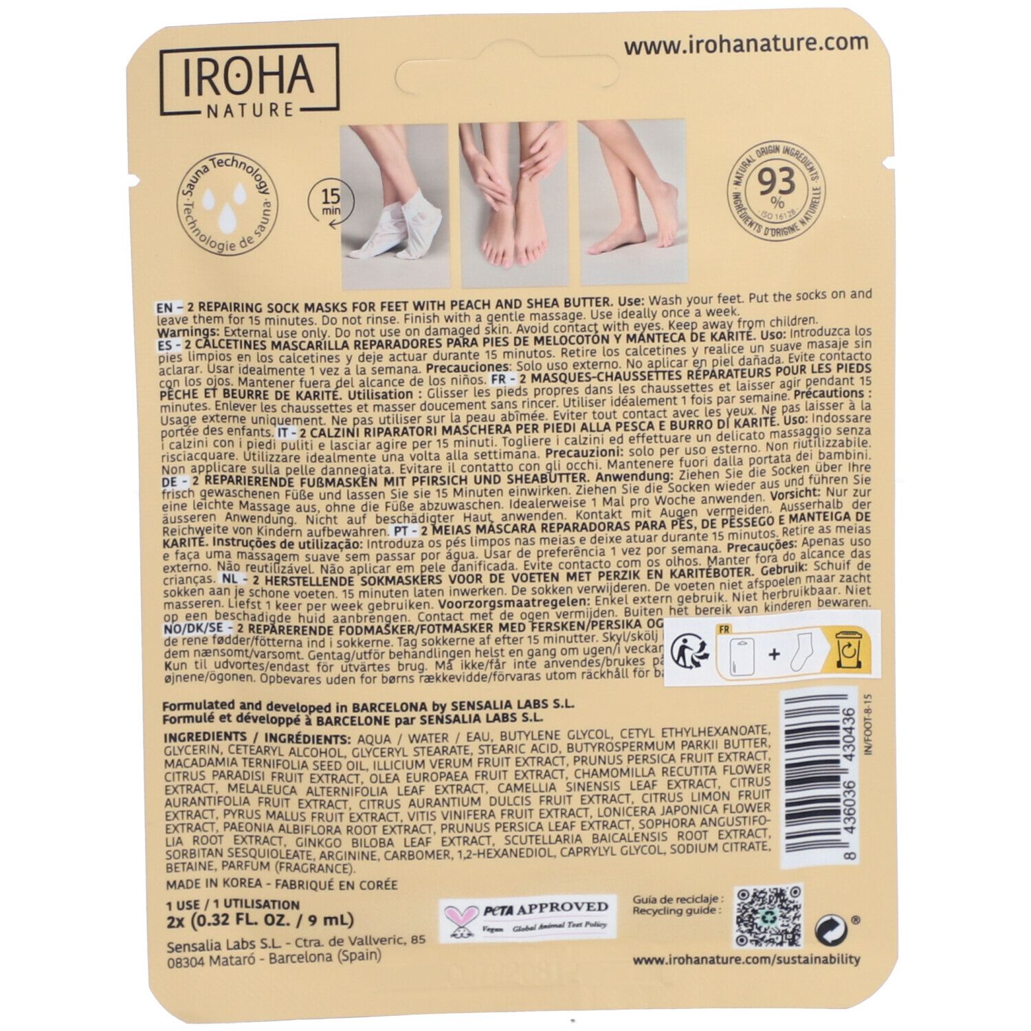 Rückseite der Fußmasken-Verpackung. Text in mehreren Sprachen. Logo, Inhaltsstoffe, Recycling-Symbol und Qualitätszeichen.