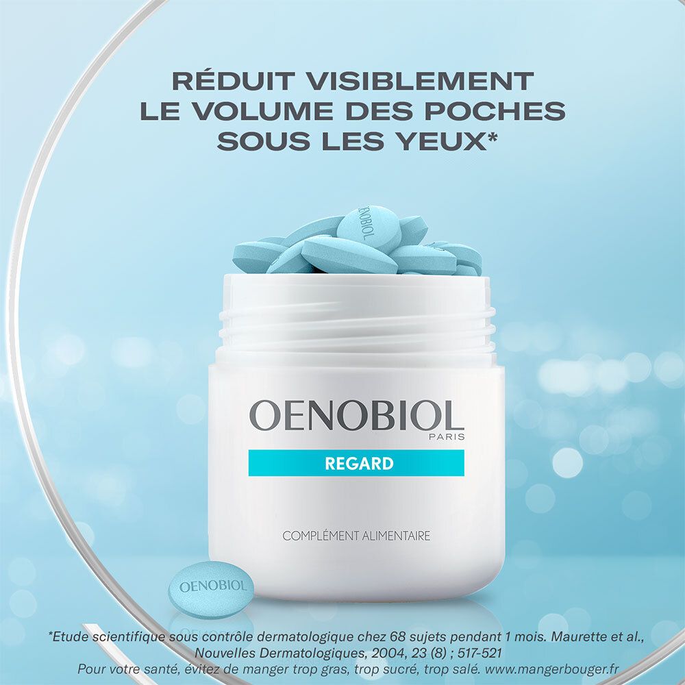 Comprimés Oenobiol Regard dans un pot blanc. Comprimés bleus. Nom du produit et marque visibles.