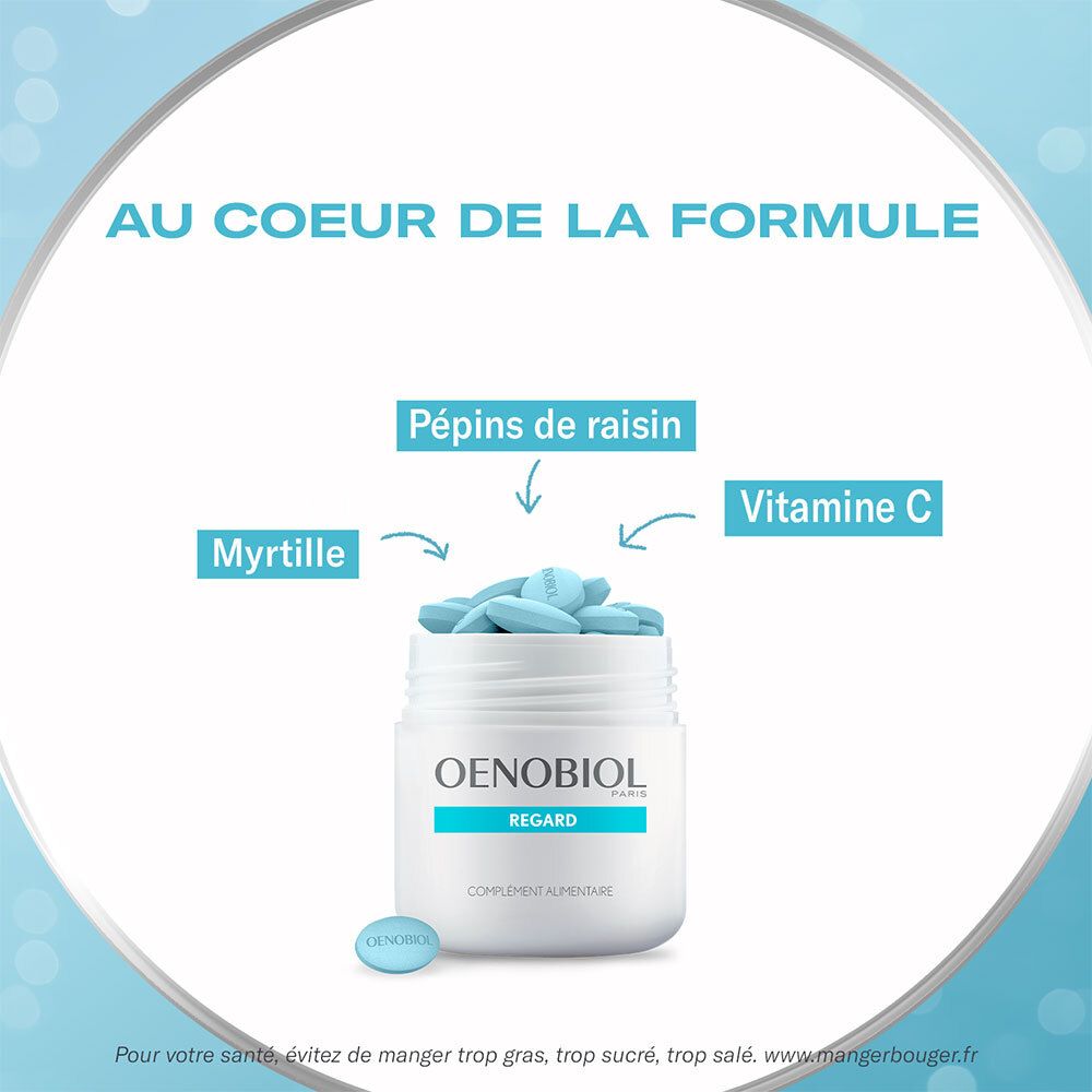 Comprimés Oenobiol Regard dans un pot blanc. Comprimés bleus. Ingrédients et nom du produit.