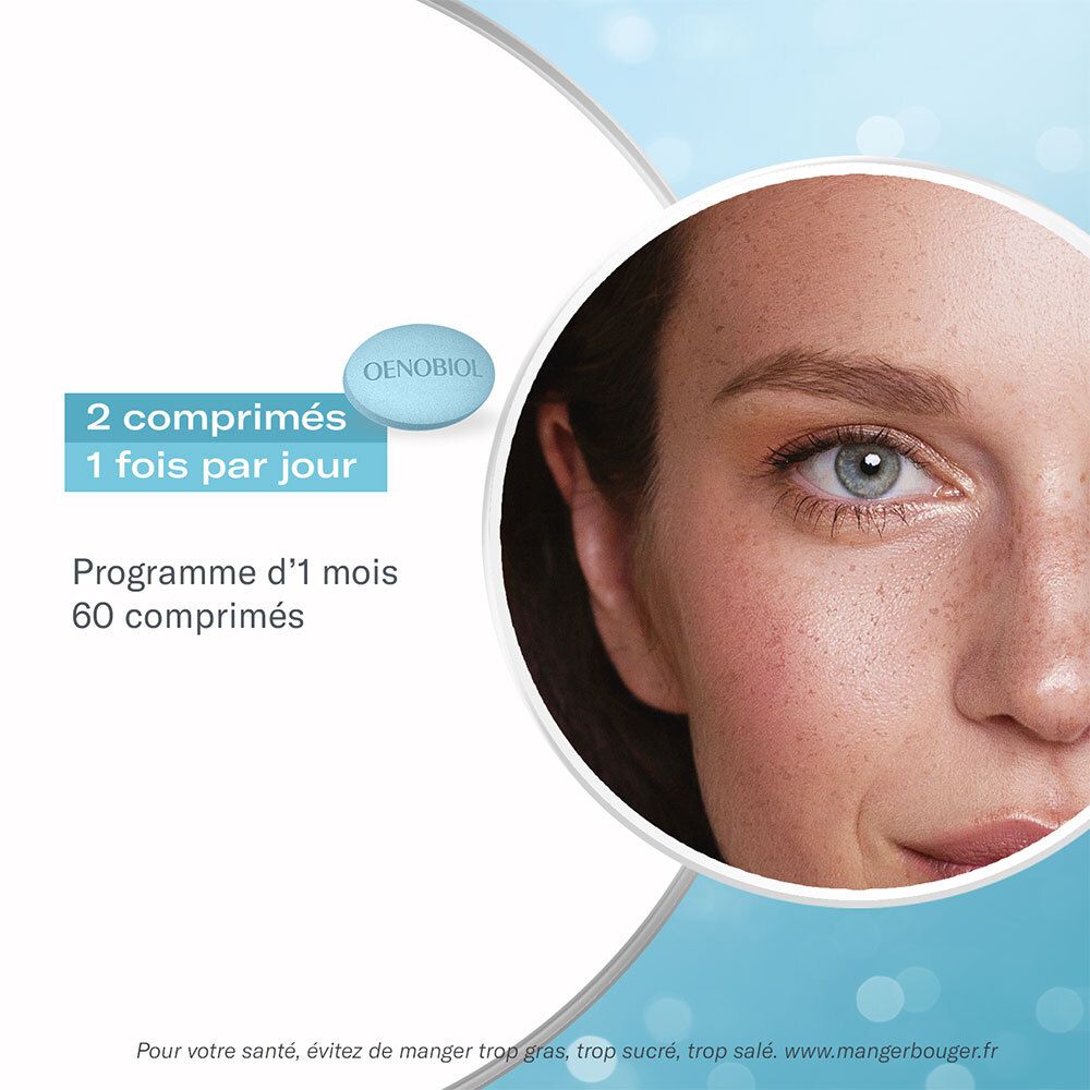 Visage d'une femme. Texte: 2 comprimés, 1 fois par jour. Programme d'1 mois. 60 comprimés.