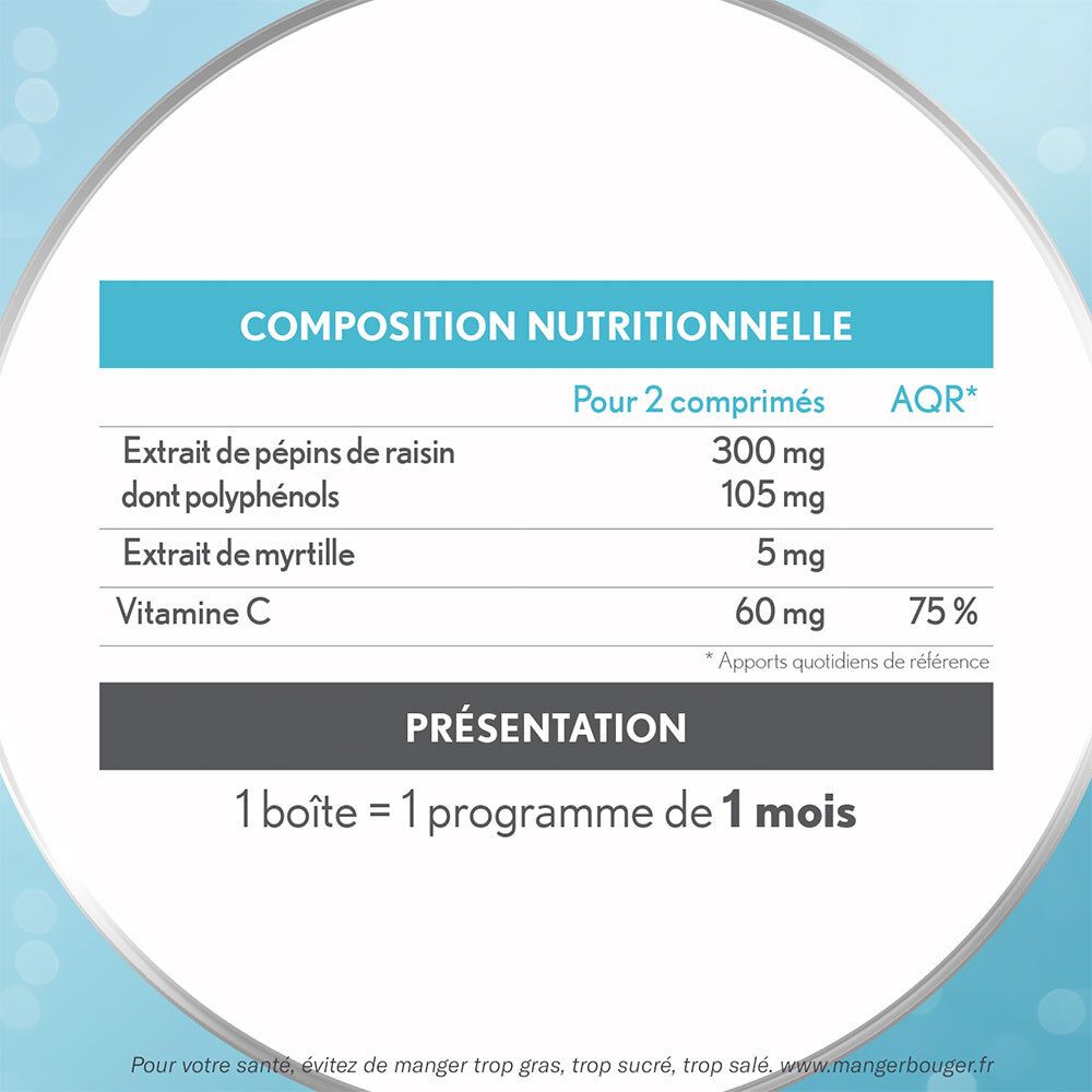 Informations nutritionnelles pour 2 comprimés. Ingrédients: Extrait de pépins de raisin, myrtille, vitamine C.