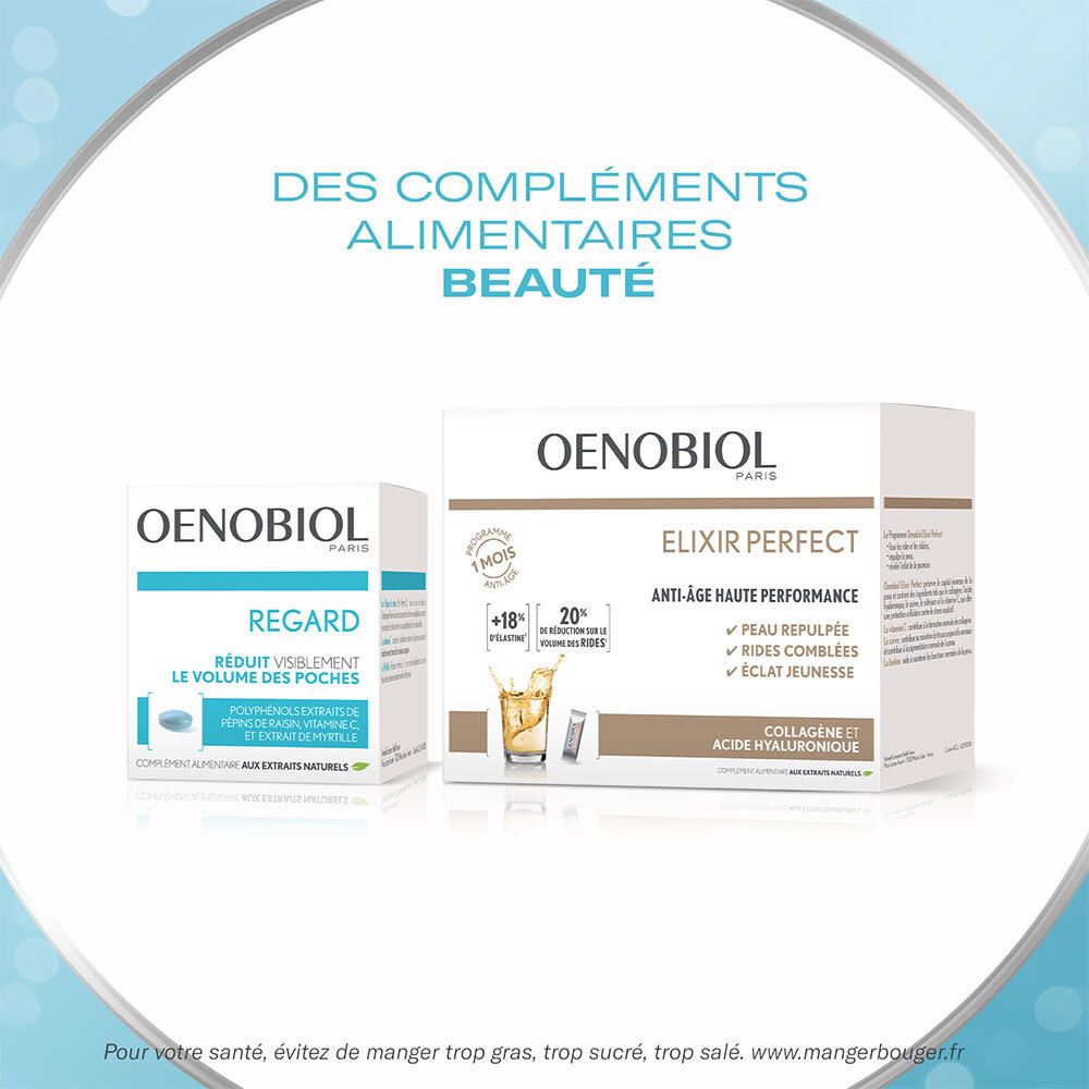 Oenobiol Regard et Elixir Perfect. Deux emballages de produits. Texte: Compléments alimentaires beauté.
