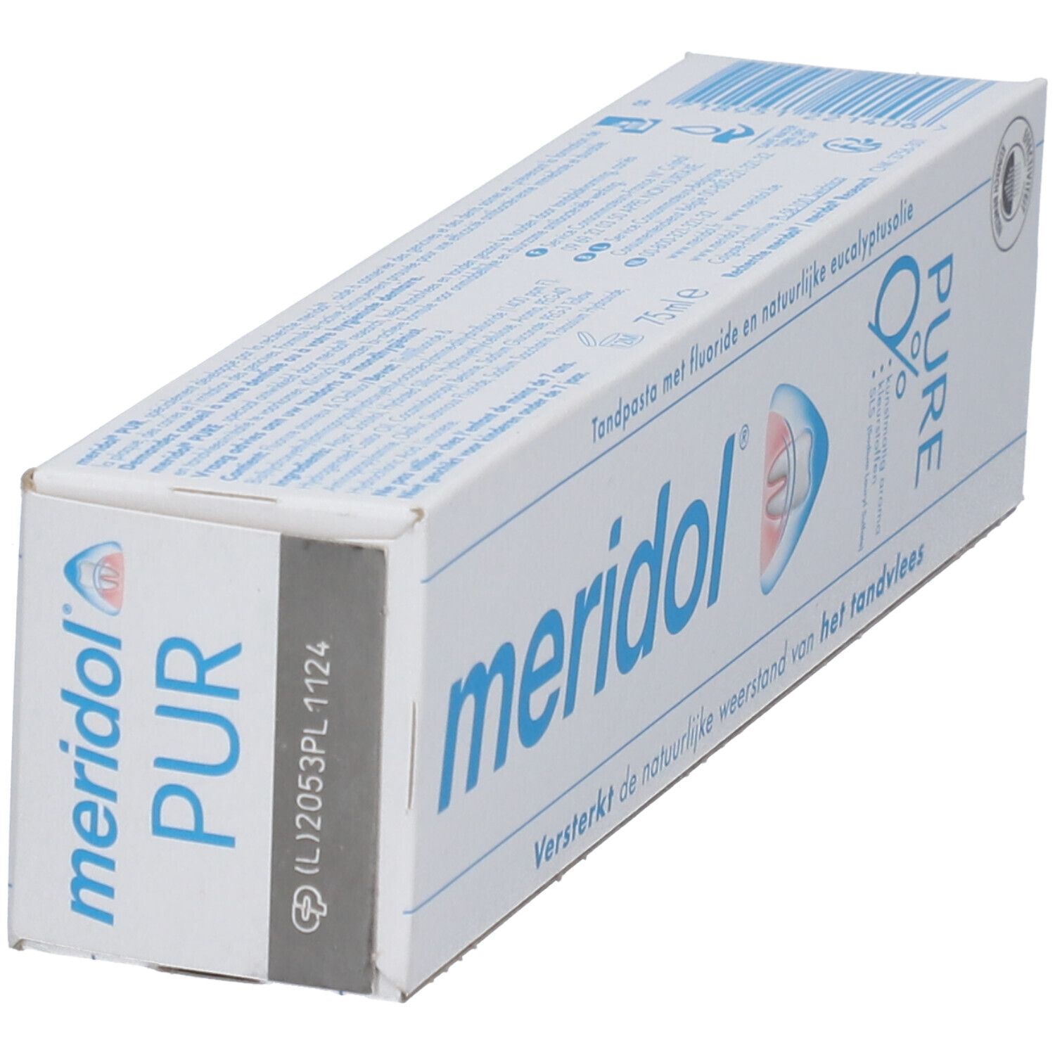 Schräg gestellte Zahnpasta-Verpackung von meridol® PUR. Weißer Karton mit blauem Schriftzug und Logo. Aufdrucke in Niederländisch.
