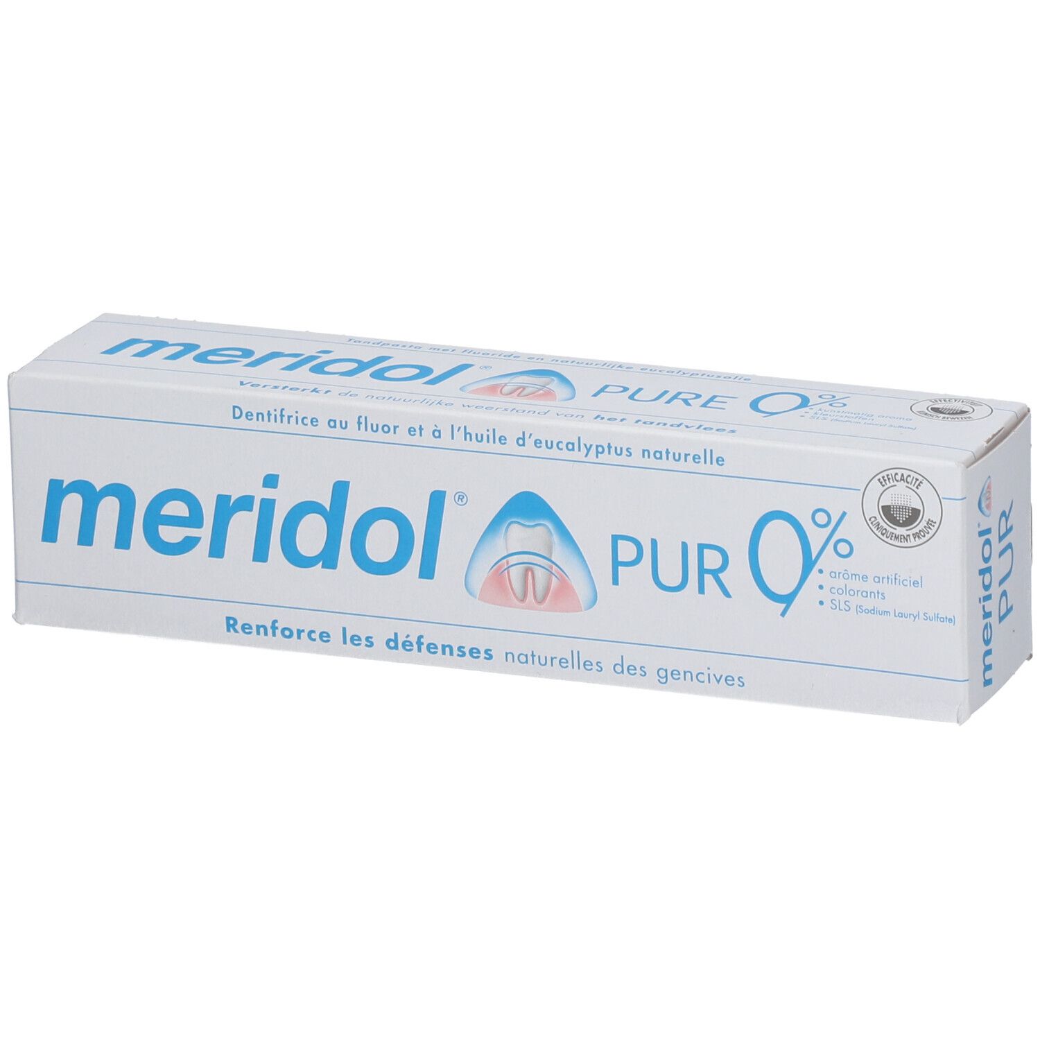 Zahnpasta-Verpackung von meridol® PUR. Weißer Karton mit blauem Schriftzug und Logo. Aufdrucke in Französisch.