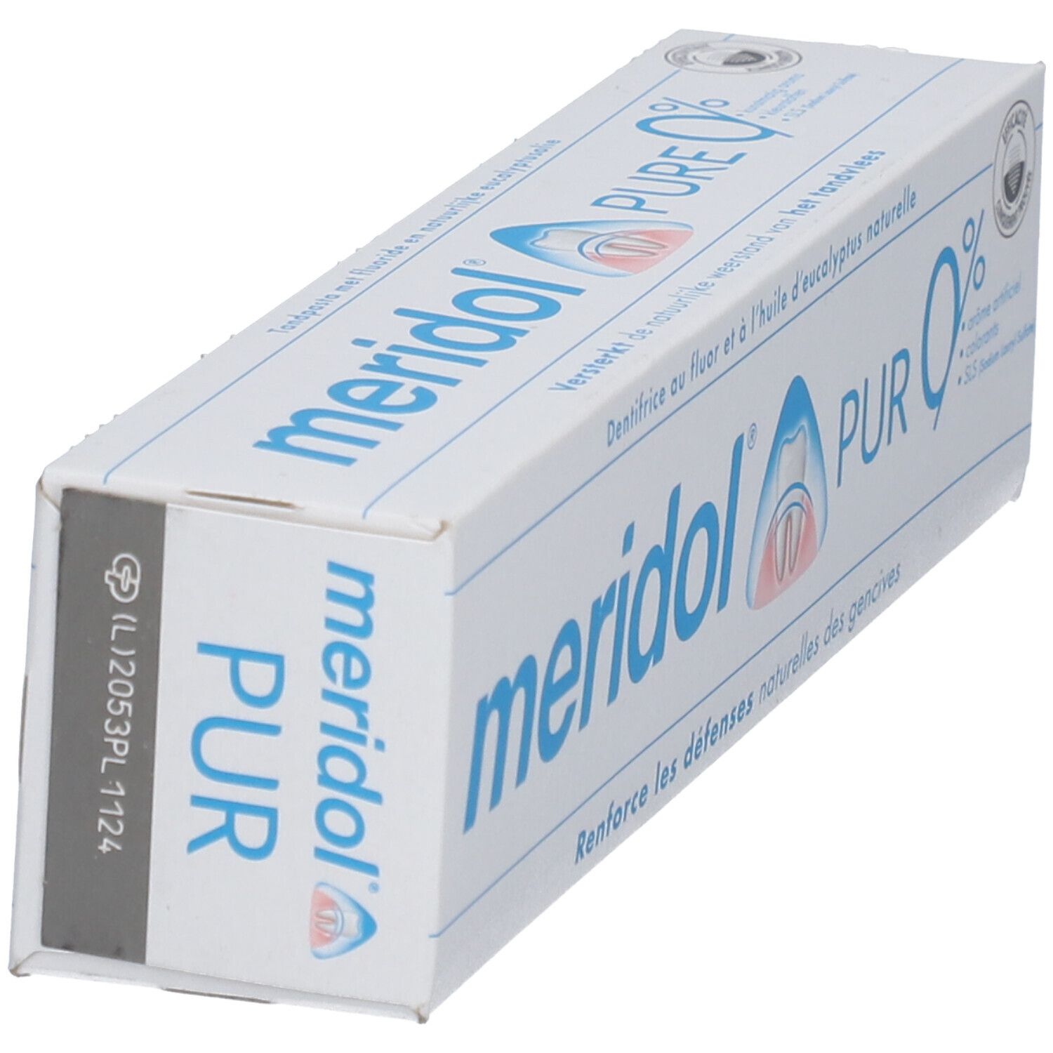 Schräg gestellte Zahnpasta-Verpackung von meridol® PUR. Weißer Karton mit blauem Schriftzug und Logo. Aufdrucke in Französisch.