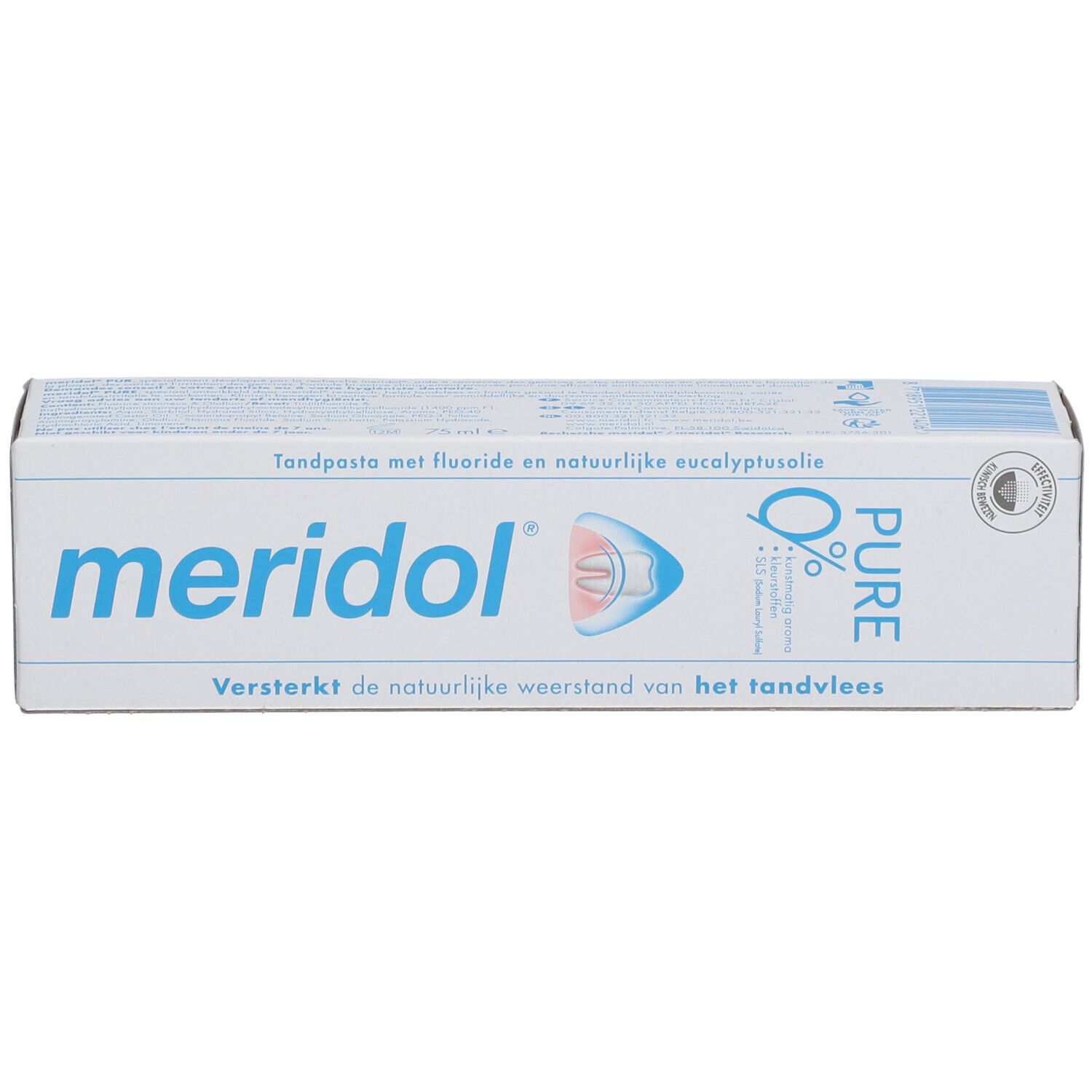 Zahnpasta-Verpackung von meridol® PUR. Weißer Karton mit blauem Schriftzug und Logo. Aufdrucke in Niederländisch.
