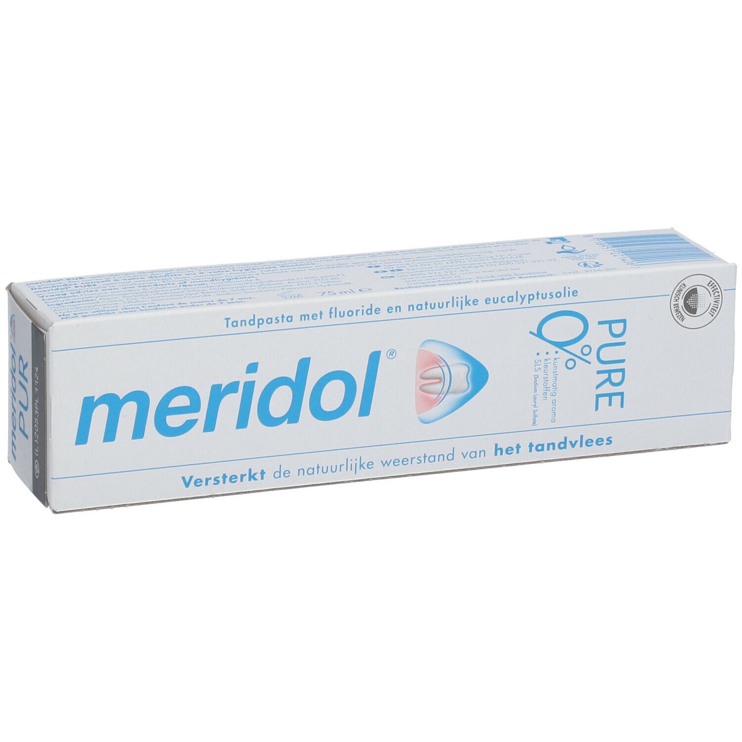 Zahnpasta-Verpackung von meridol® PUR. Weißer Karton mit blauem Schriftzug und Logo. Aufdrucke in Niederländisch.