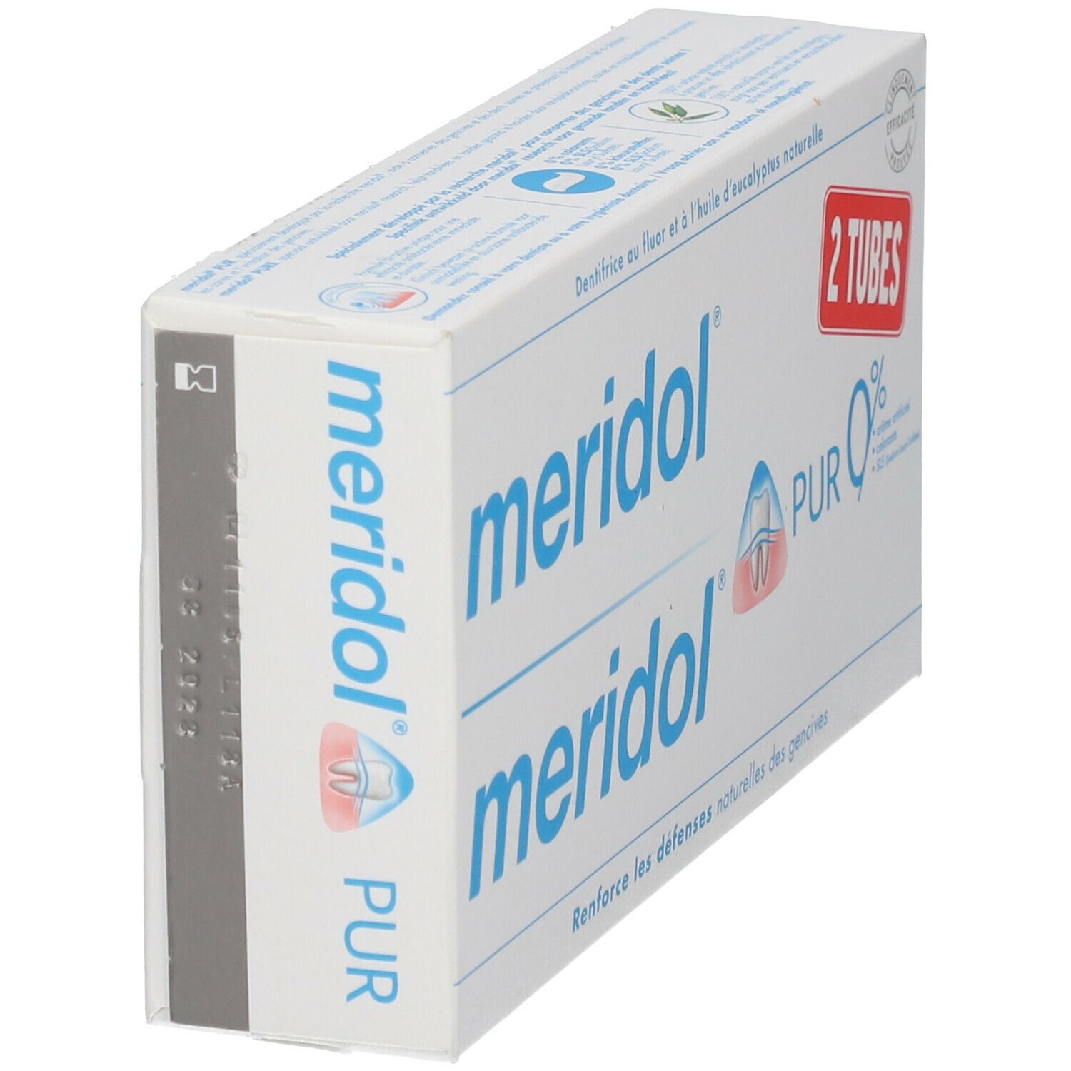 Vue en biais de la boîte de deux tubes de meridol® PUR 0 % dentifrice. Blanc, texte bleu et rouge. Contient fluor.