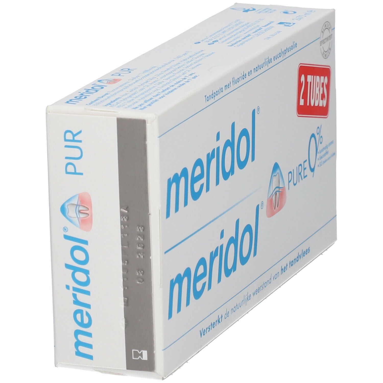 Vue en biais de la boîte de deux tubes de meridol® PUR 0 % dentifrice. Blanc, texte bleu et rouge. Contient fluor.