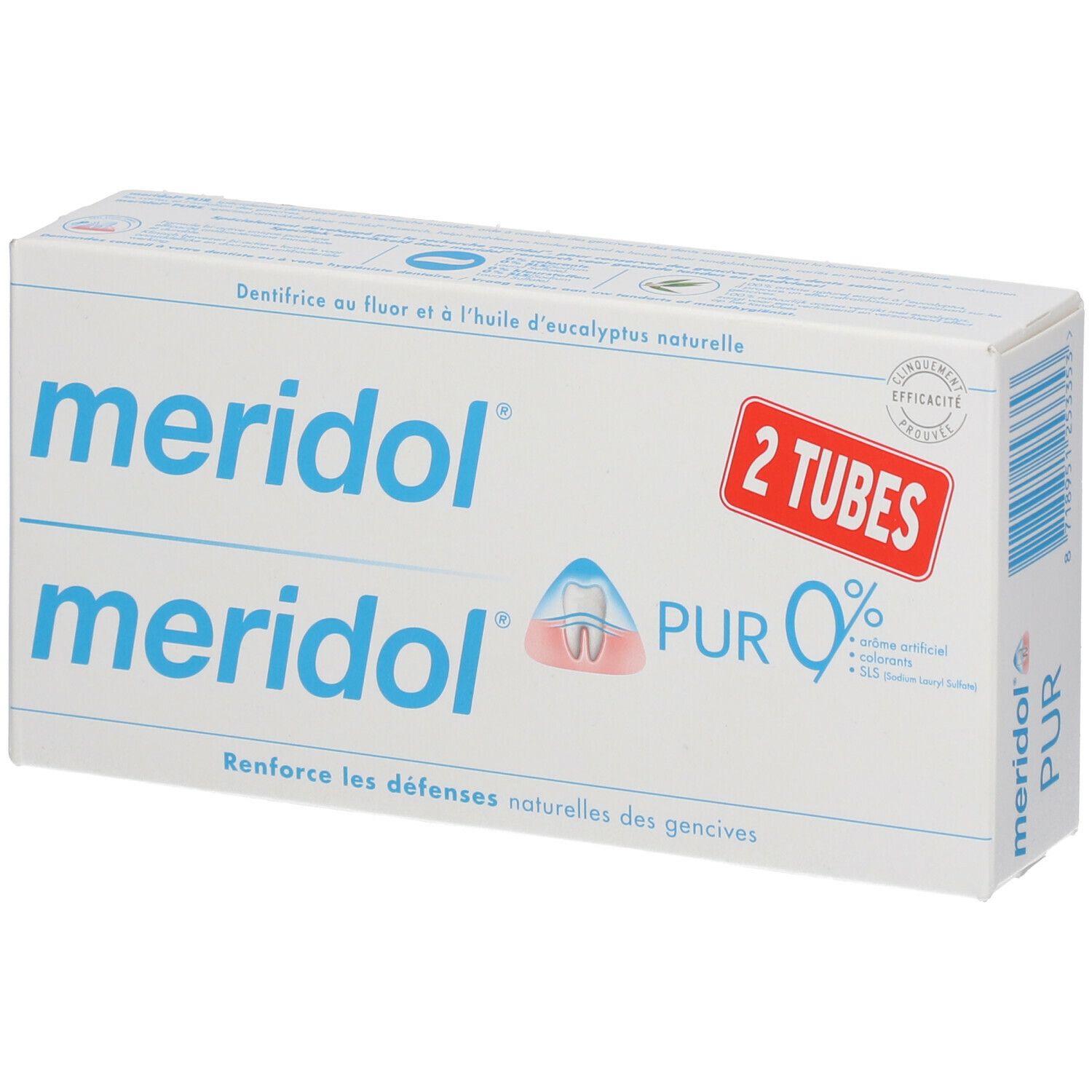 Boîte de deux tubes de meridol® PUR 0 % dentifrice. Blanc, texte bleu et rouge. Contient fluor et huile d'eucalyptus.