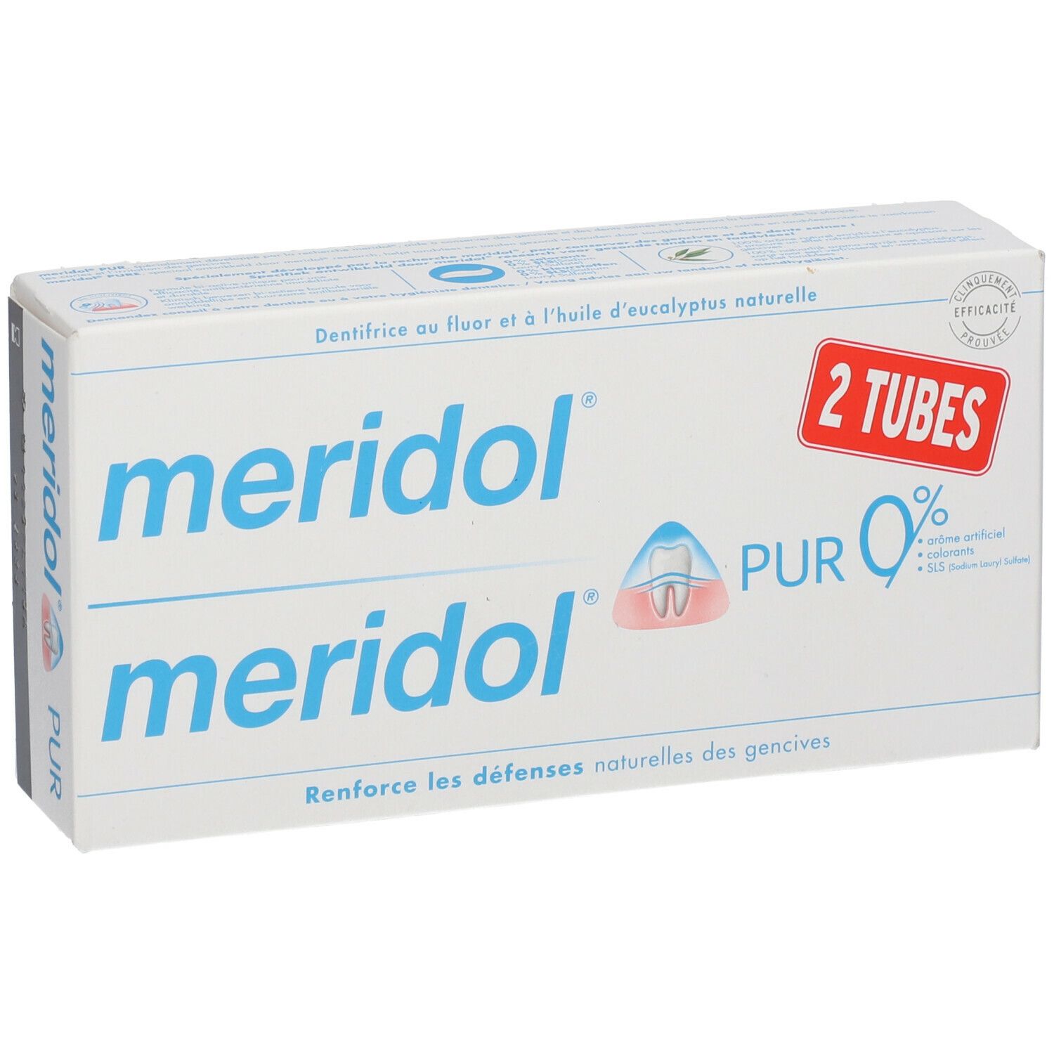 Boîte de deux tubes de meridol® PUR 0 % dentifrice. Blanc, texte bleu et rouge. Contient fluor et huile d'eucalyptus.