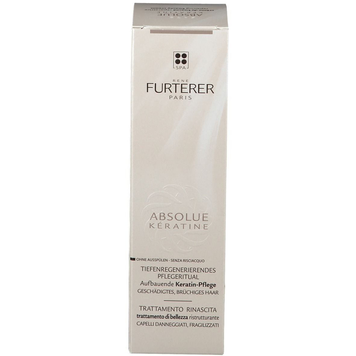 Boîte blanche avec inscription: Rene Furterer, Absolue Keratine. Soin pour cheveux abîmés, cassants.
