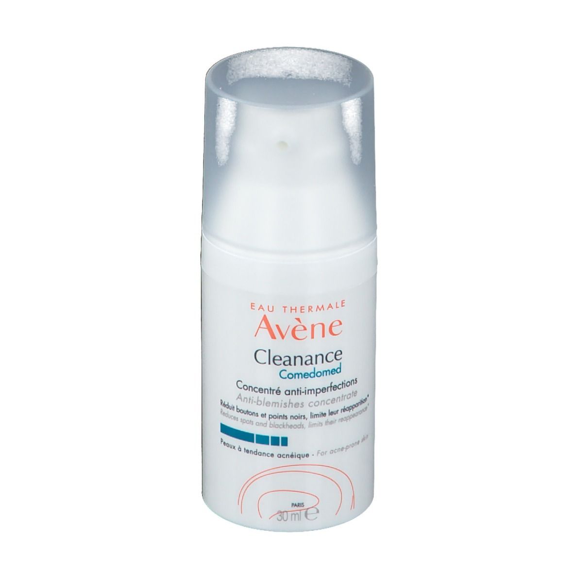 Flacon blanc avec pompe. Inscription: Eau Thermale Avène Cleanance Comedomed. Concentré anti-imperfections.