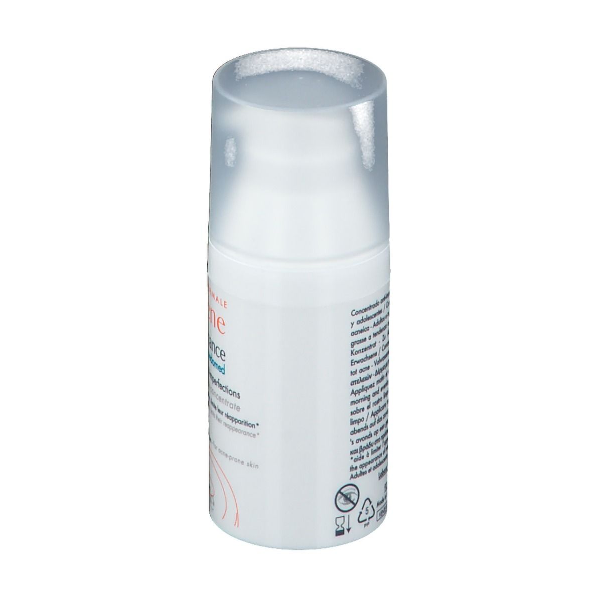 Flacon blanc avec pompe. Texte sur le côté. Nom du produit non visible. Avec avertissements et symboles de recyclage.