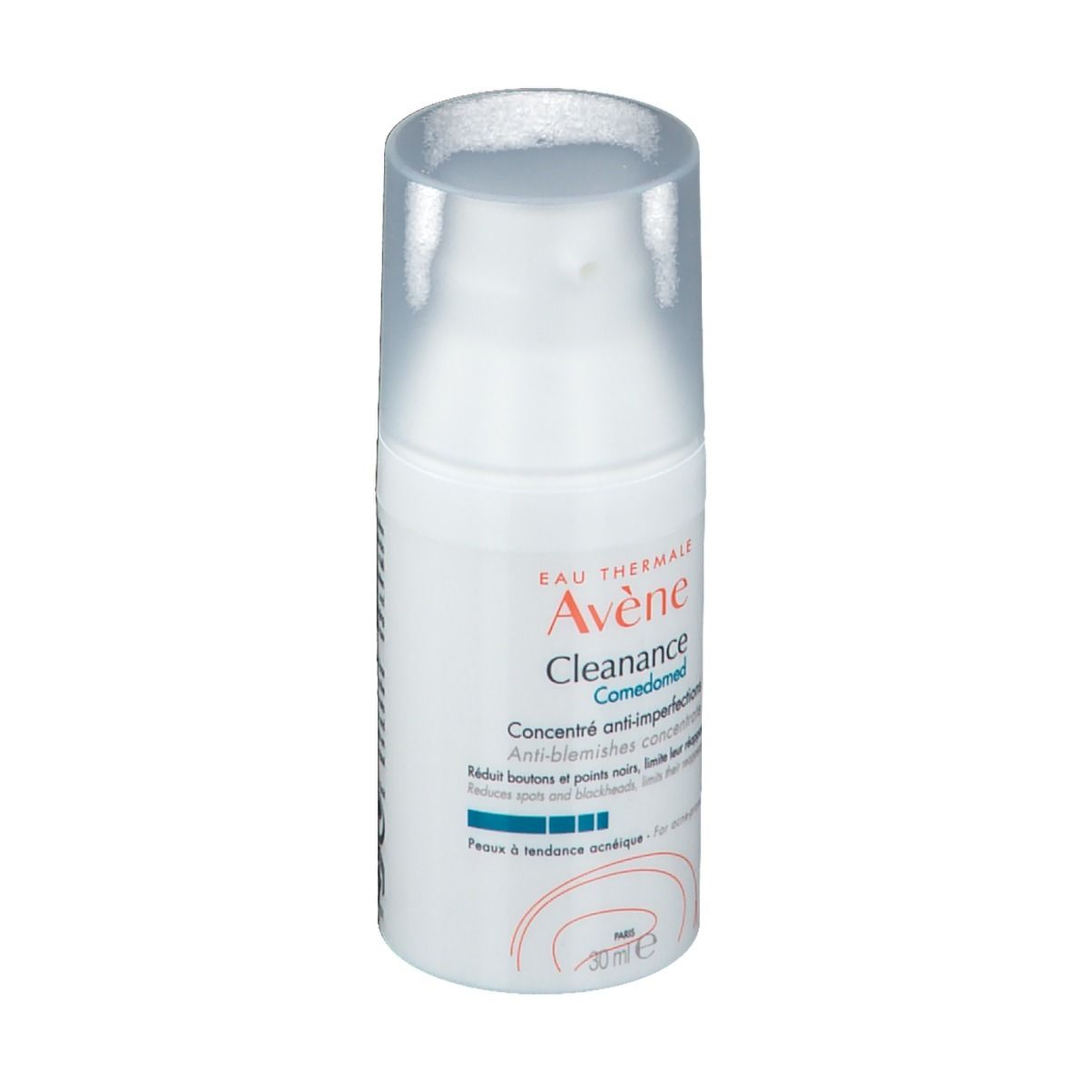 Flacon blanc avec pompe. Inscription: Eau Thermale Avène Cleanance Comedomed. Concentré anti-imperfections.