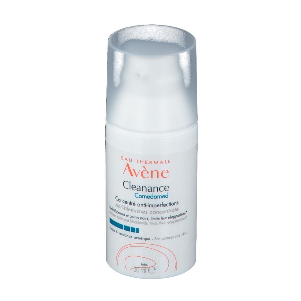 Flacon blanc avec pompe. Inscription: Eau Thermale Avène Cleanance Comedomed. Concentré anti-imperfections.