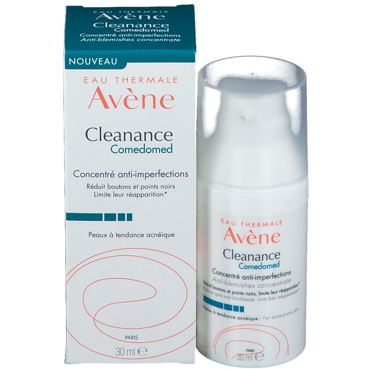 Emballage du produit avec flacon. Inscription: Eau Thermale Avène Cleanance Comedomed. Concentré anti-imperfections. 30 ml.