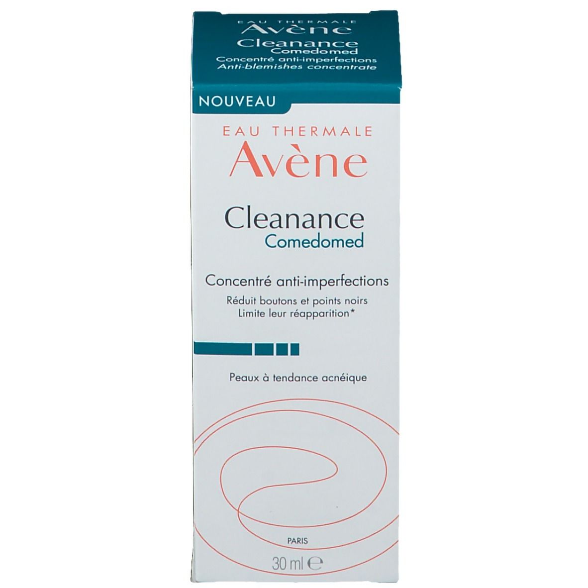 Emballage du produit. Inscription: Eau Thermale Avène Cleanance Comedomed. Concentré anti-imperfections. 30 ml.