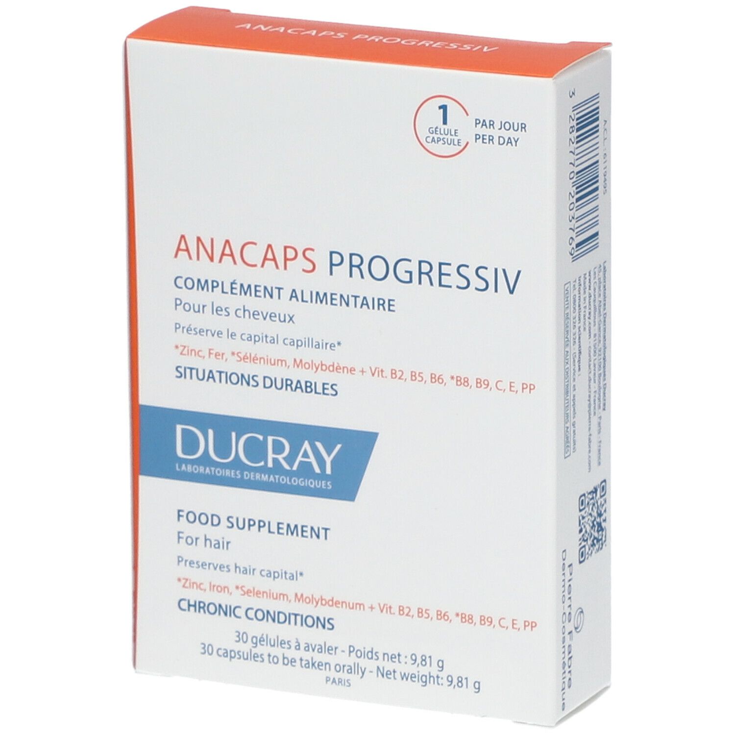 Boîte blanche et orange. Inscription: ANACAPS PROGRESSIV, Ducray. Complément alimentaire pour cheveux. 30 gélules.