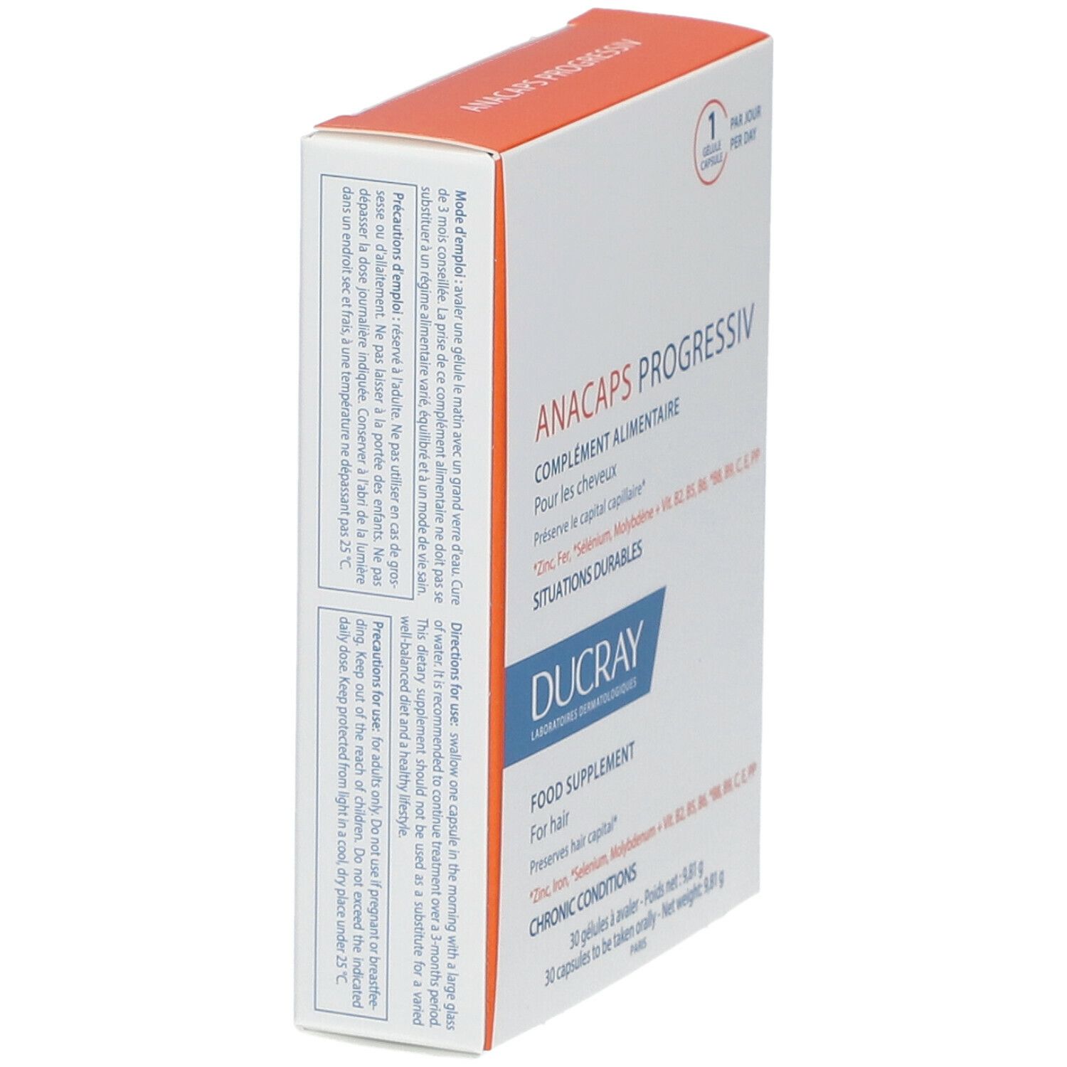 Boîte blanche et orange. Inscription: ANACAPS PROGRESSIV, Ducray. Complément alimentaire pour cheveux. Vue latérale.