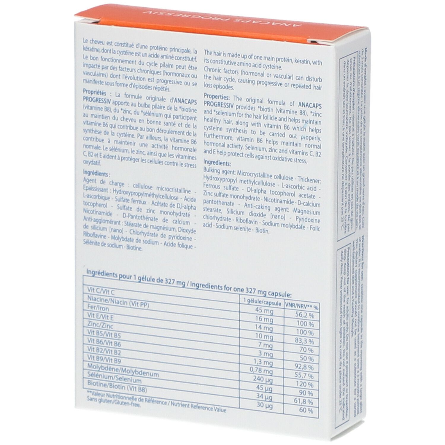 Dos de la boîte. Texte avec ingrédients et informations nutritionnelles. Inscription: ANACAPS PROGRESSIV.