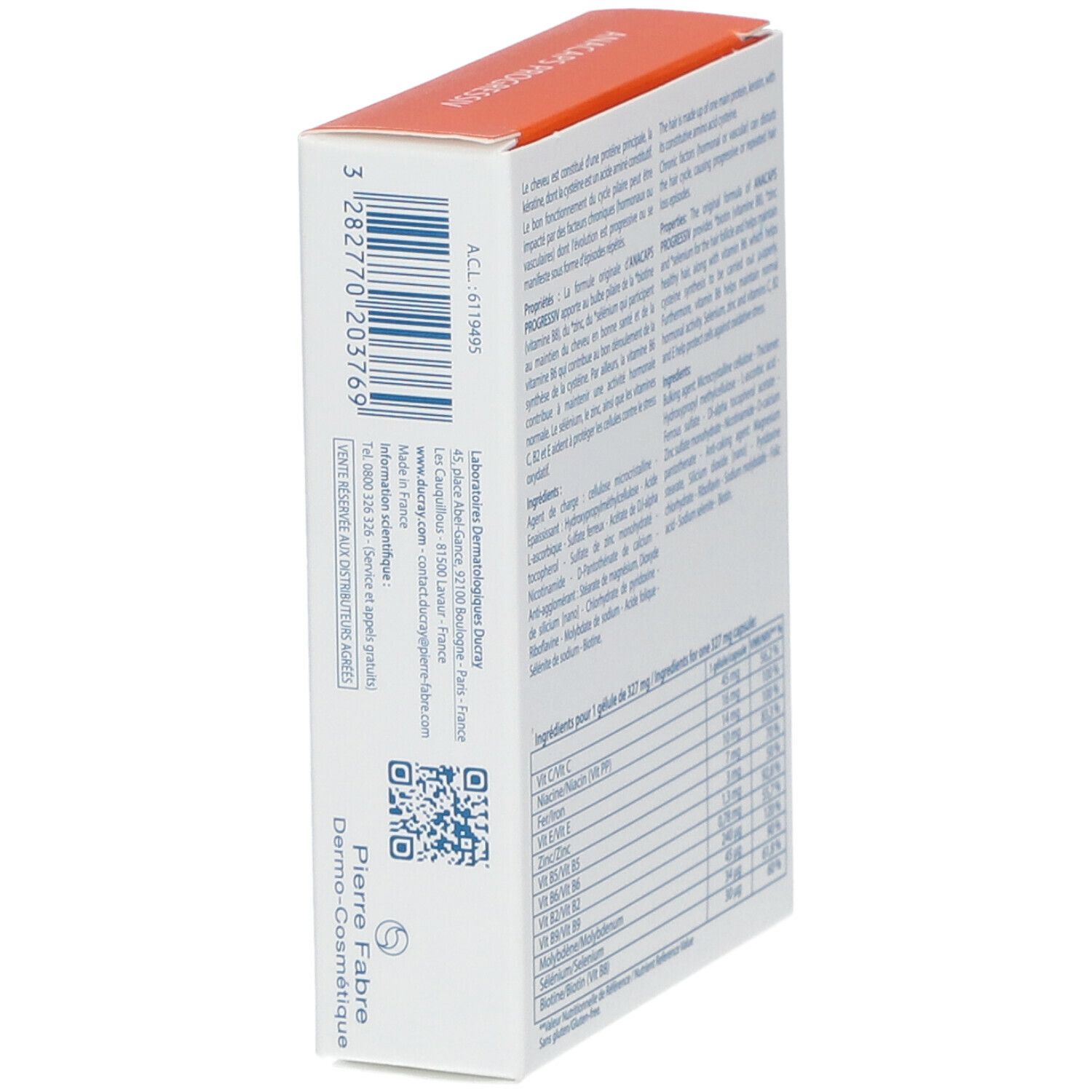 Boîte blanche et orange. Inscription: ANACAPS PROGRESSIV, Ducray. Code QR et informations fabricant.