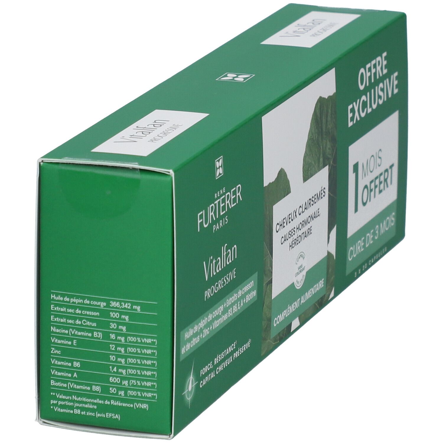 Boîte verte, informations produit et ingrédients. 'Offre Exclusive' et '1 mois offert' sont visibles.
