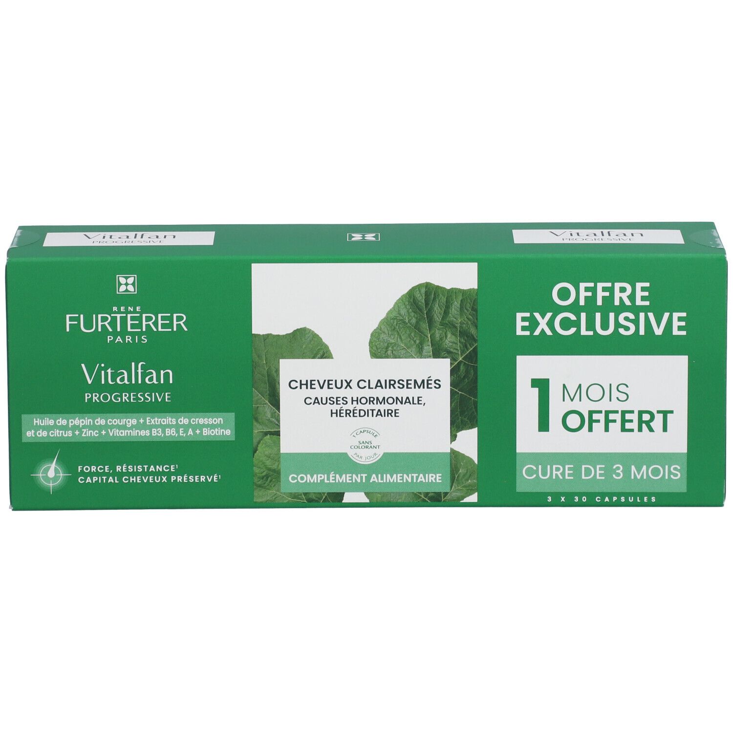Boîte verte avec nom du produit et informations. 'Offre Exclusive' et '1 mois offert' sont visibles.
