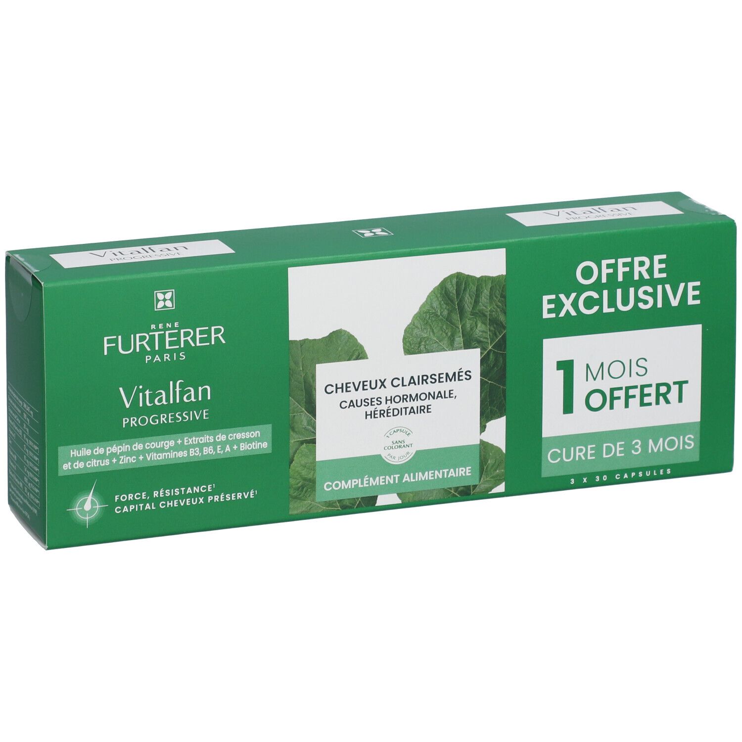 Boîte verte avec nom du produit et informations. 'Offre Exclusive' et '1 mois offert' sont visibles.
