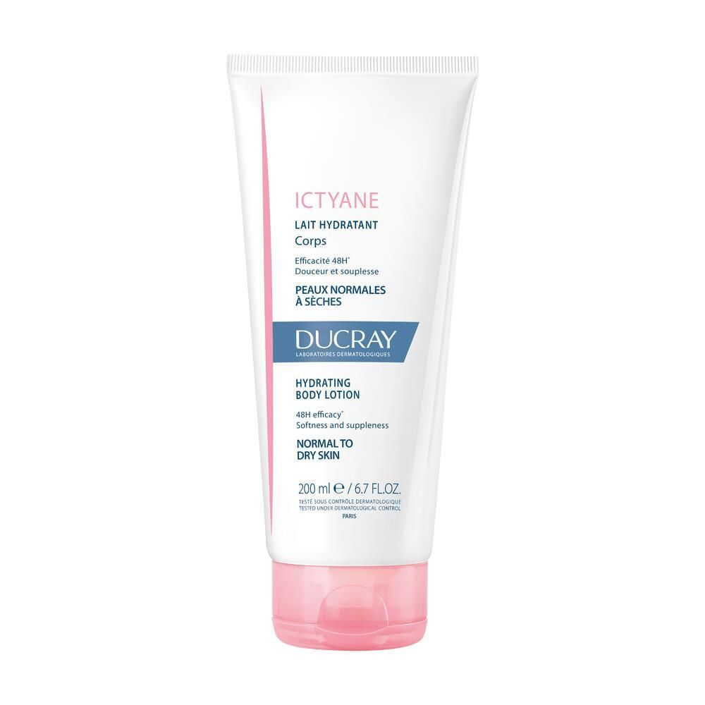 Tube blanc avec bouchon rose. Inscription : Ictyane, Lait Hydratant Corps, Ducray. Pour peaux normales à sèches.