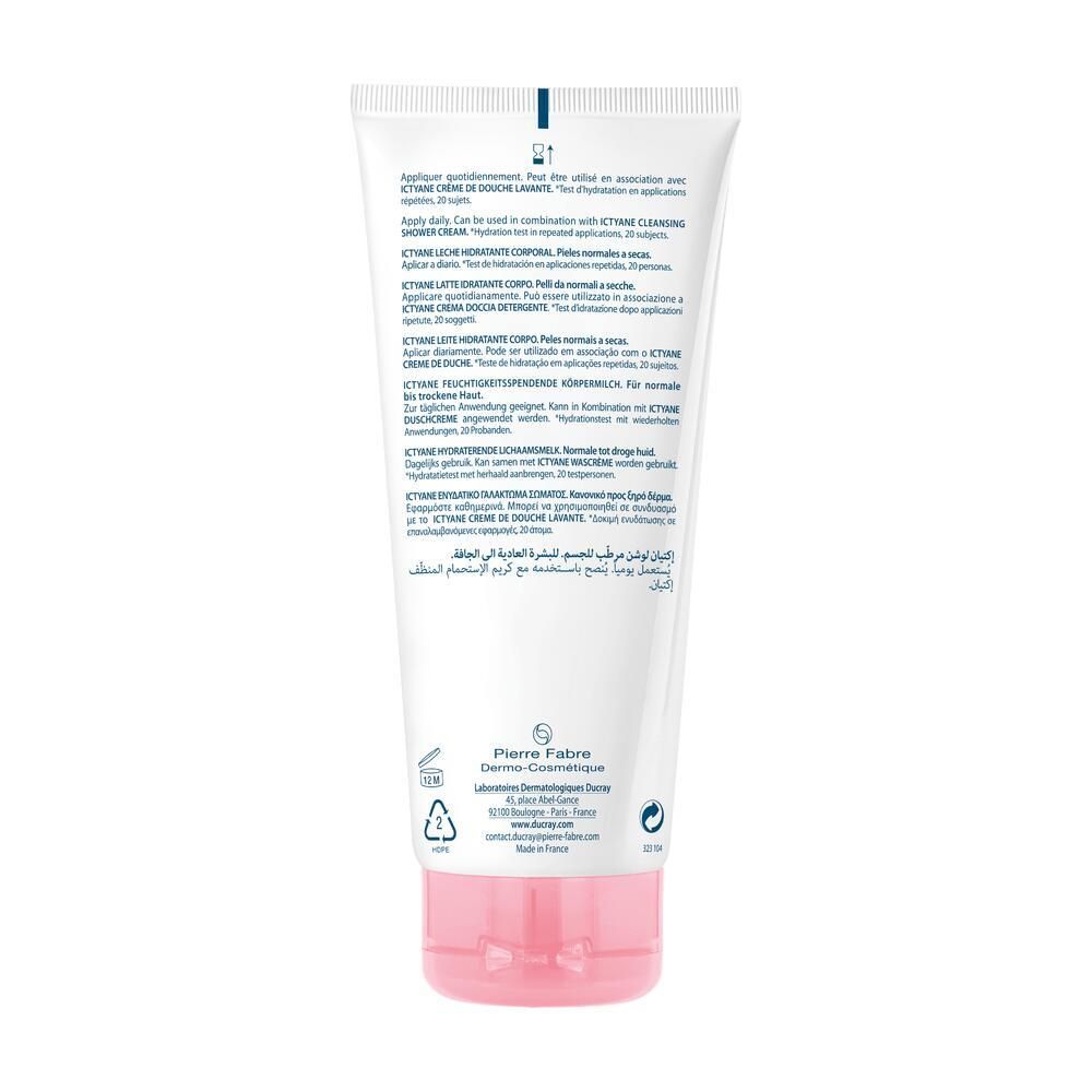 Dos du tube. Texte multilingue. Informations fabricant et symbole de recyclage.
