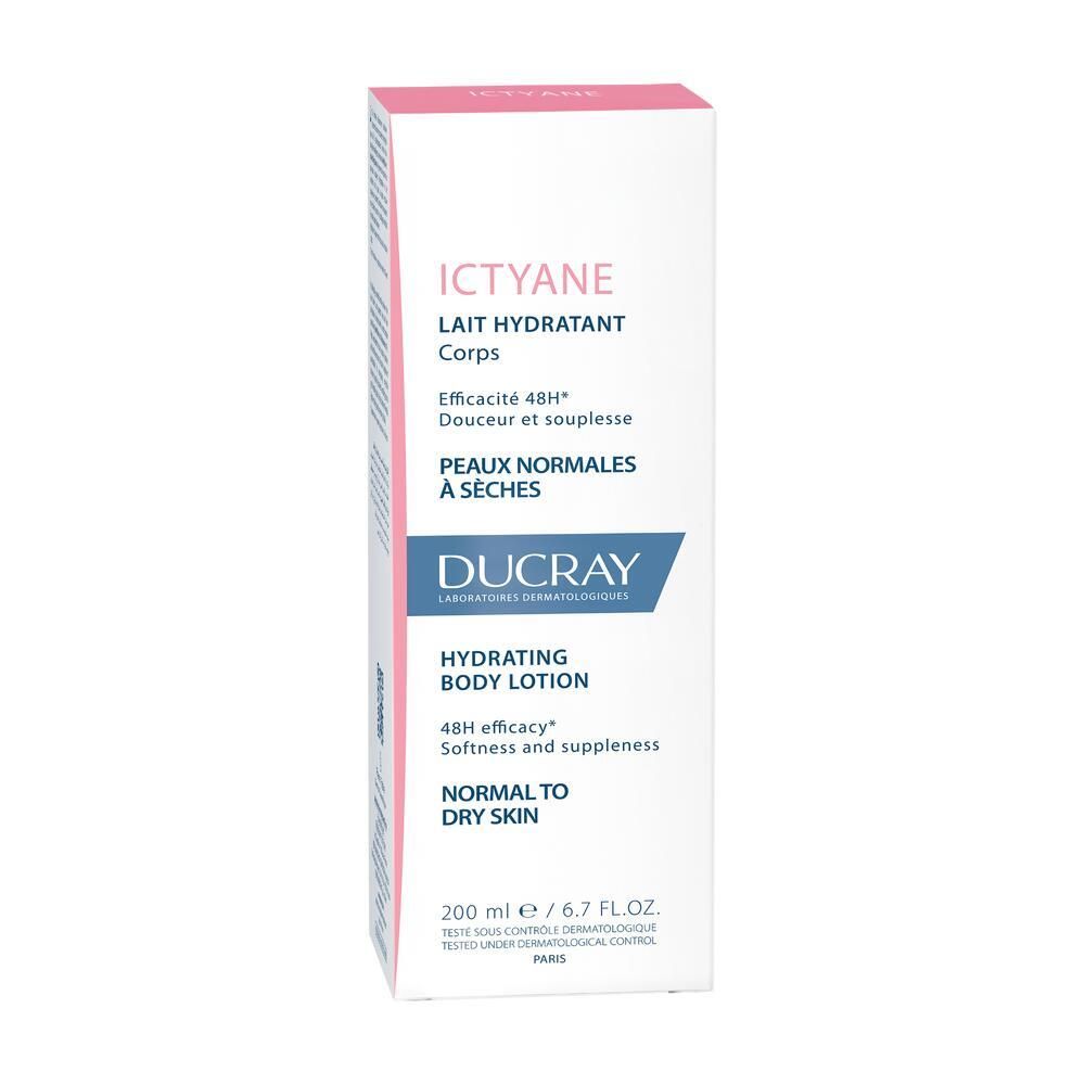 Emballage carton. Inscription : Ictyane, Lait Hydratant Corps, Ducray. Pour peaux normales à sèches.