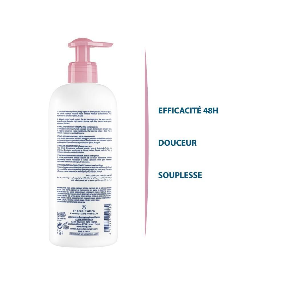 Dos du flacon blanc. Texte multilingue. Souligné : Efficacité 48H, Douceur, Souplesse.