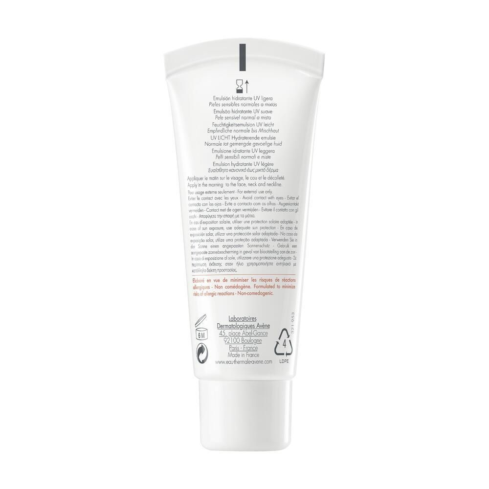 Rückseite der weißen Avene Hydrance Tube. Text in mehreren Sprachen. Informationen zur Anwendung und Inhaltsstoffe.