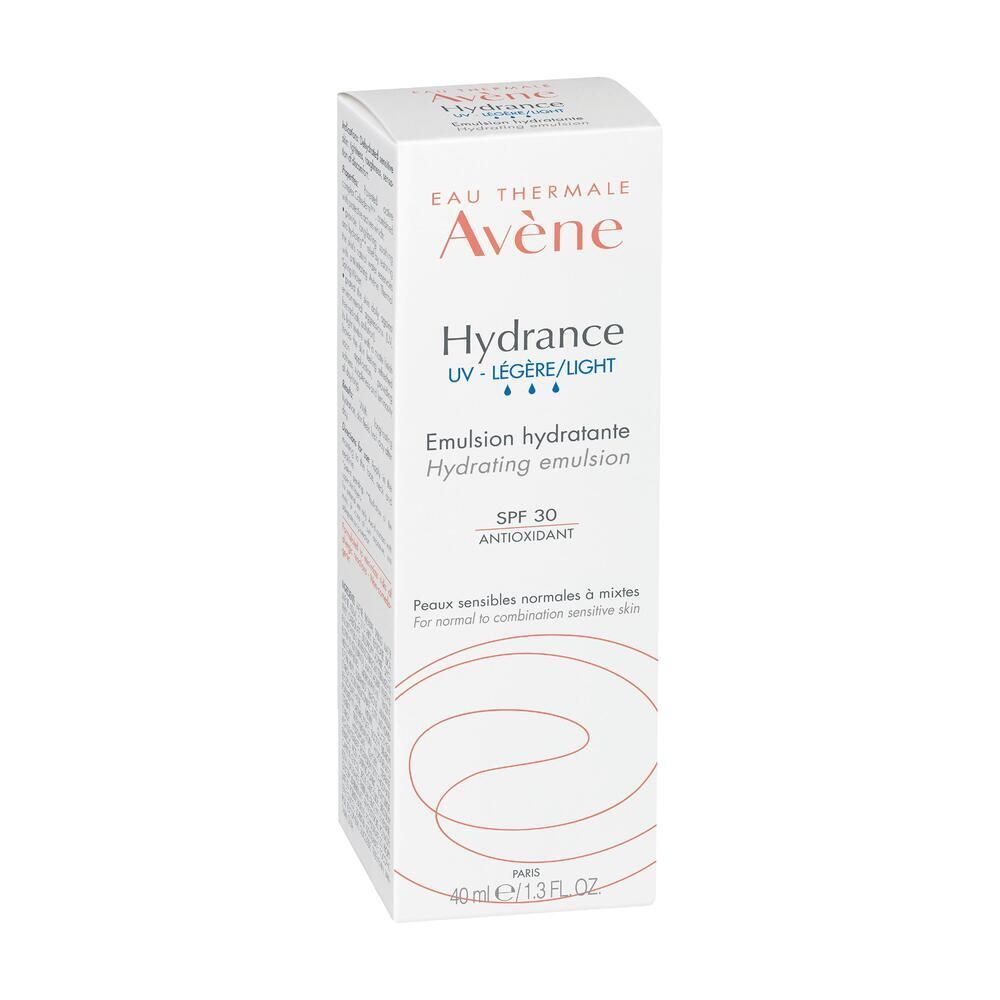 Kartonverpackung für Avene Hydrance Emulsion. Text: SPF 30, Anti-Oxidant. Für normale bis Mischhaut.