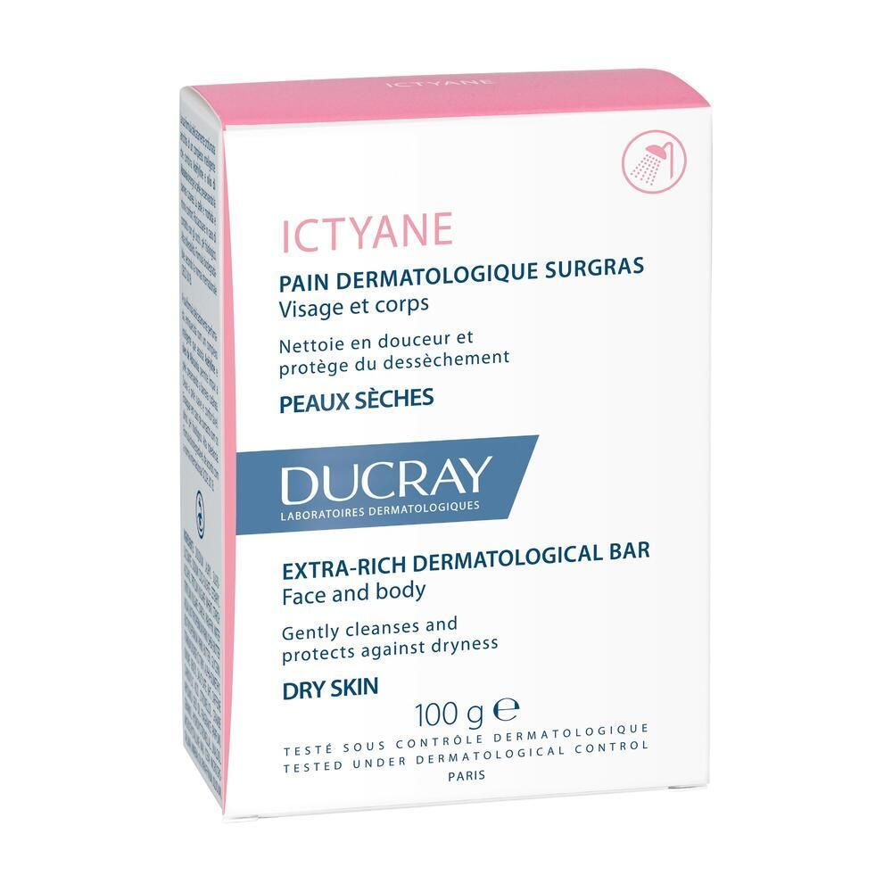 Emballage pour savon DUCRAY Ictyane. Boîte rose et blanche avec nom et description du produit.