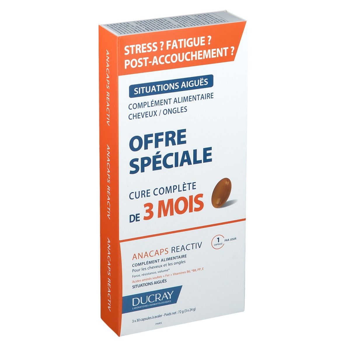 Boîte avec informations produit. Texte: Stress ? Fatigue ? Post-accouchement ? Offre spéciale 3 mois. Complément alimentaire.
