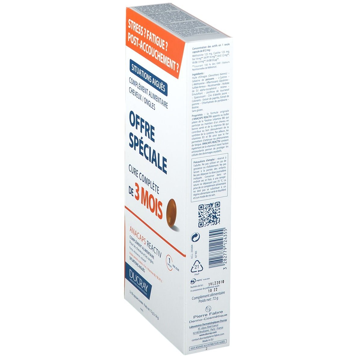 Emballage produit avec texte et informations. Texte: Stress ? Fatigue ? Post-accouchement ? Offre spéciale 3 mois.