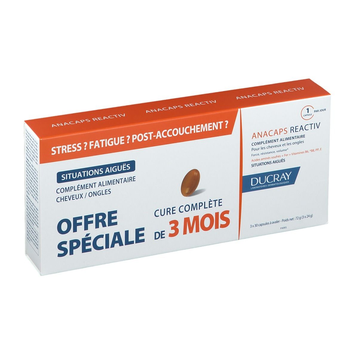 Emballage produit avec texte. Texte: Stress ? Fatigue ? Post-accouchement ? Offre spéciale 3 mois. Complément cheveux/ongles.