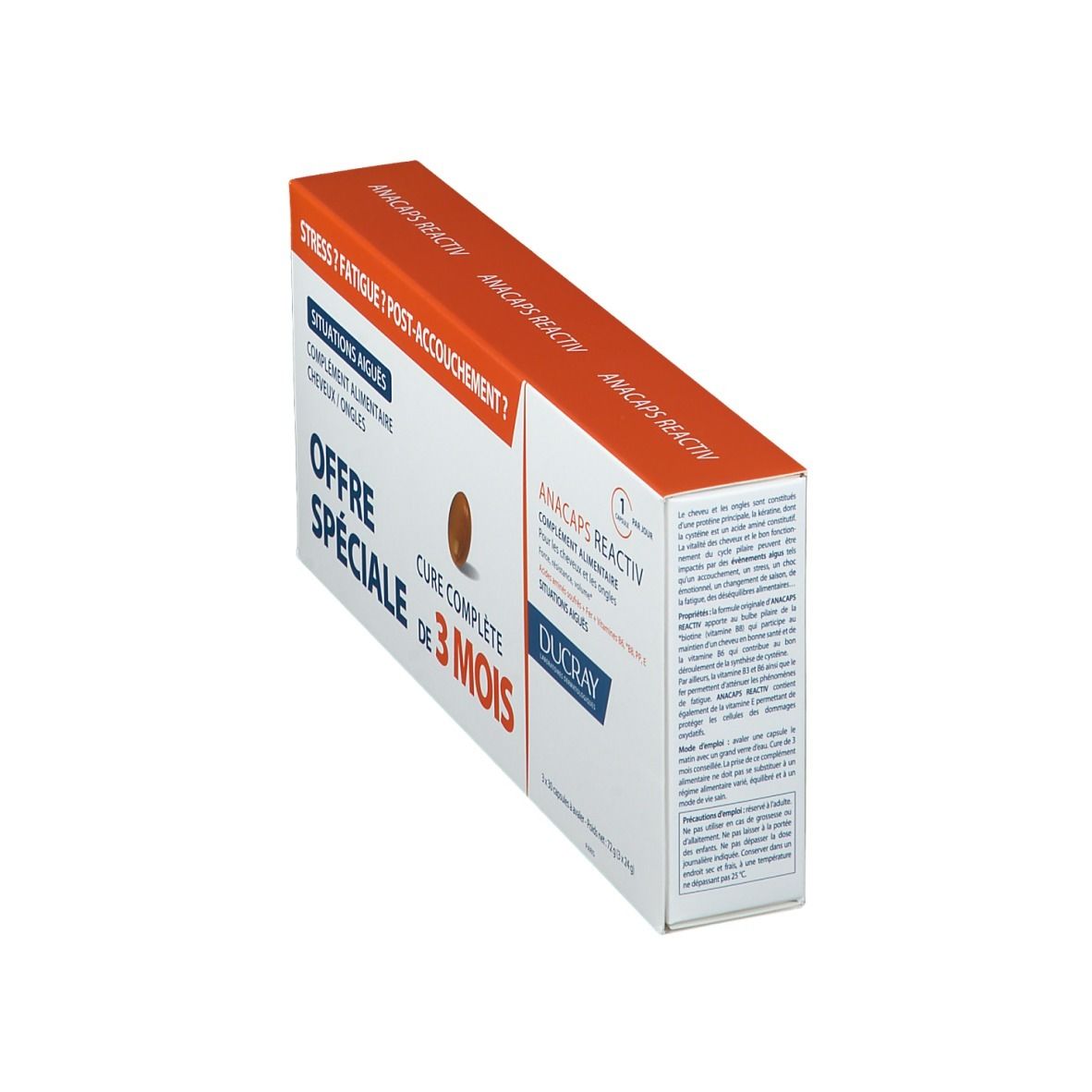 Emballage produit. Texte: Stress ? Fatigue ? Post-accouchement ? Offre spéciale 3 mois. Complément cheveux/ongles.