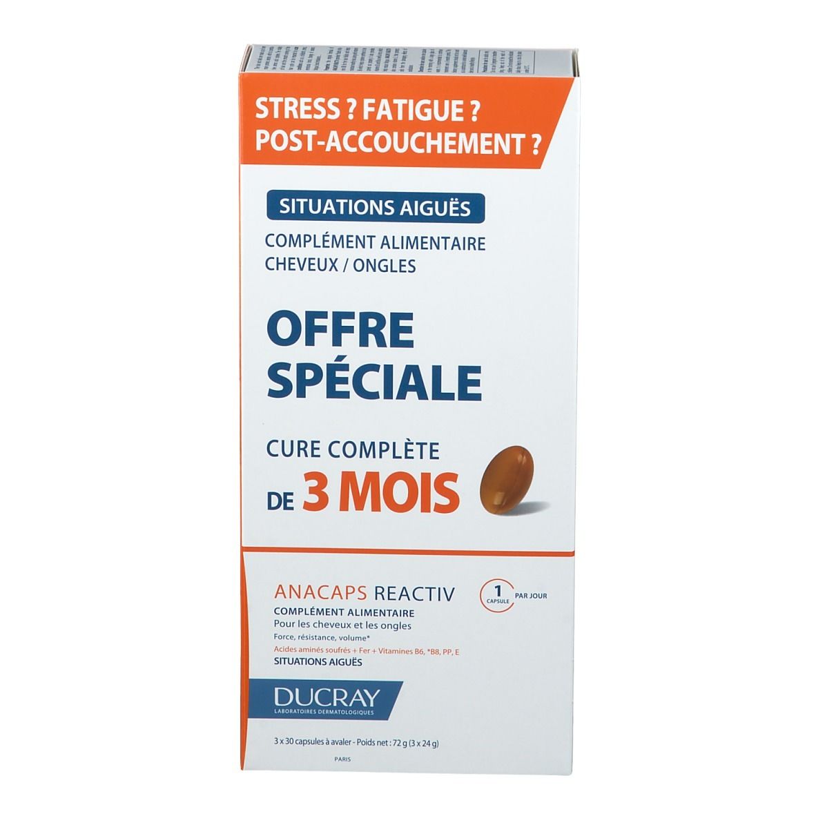 Emballage produit avec texte. Texte: Stress ? Fatigue ? Post-accouchement ? Offre spéciale 3 mois. Complément cheveux/ongles.