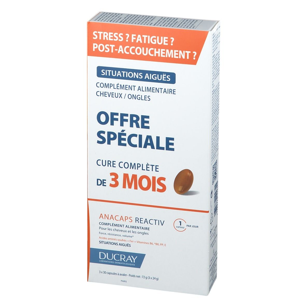 Emballage produit avec texte. Texte: Stress ? Fatigue ? Post-accouchement ? Offre spéciale 3 mois. Complément cheveux/ongles.
