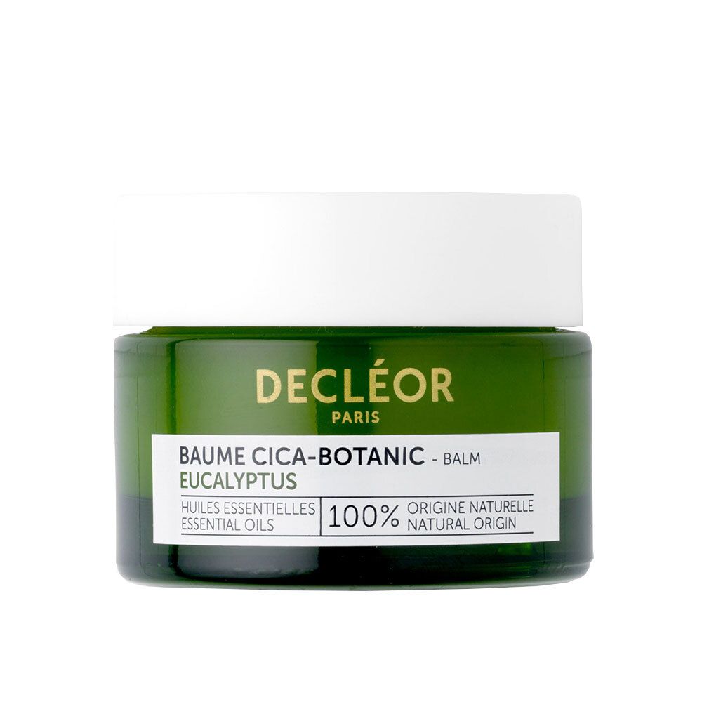Pot vert avec couvercle blanc. Inscription : DECLÉOR PARIS, BAUME CICA-BOTANIC, EAUCLYPTUS, 100% origine naturelle.