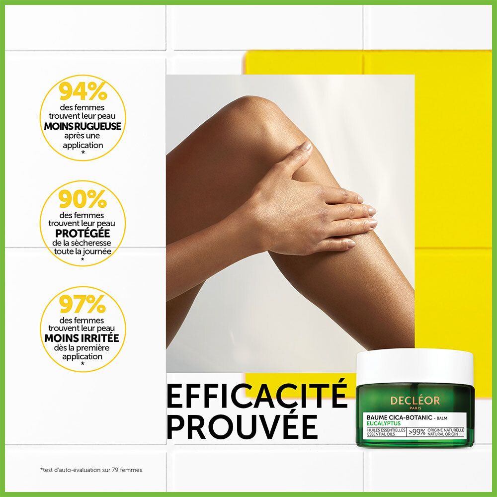 Jambe d'une femme s'appliquant le produit. Texte : 94% moins de peau rugueuse, 90% peau protégée, 97% moins de peau irritée.