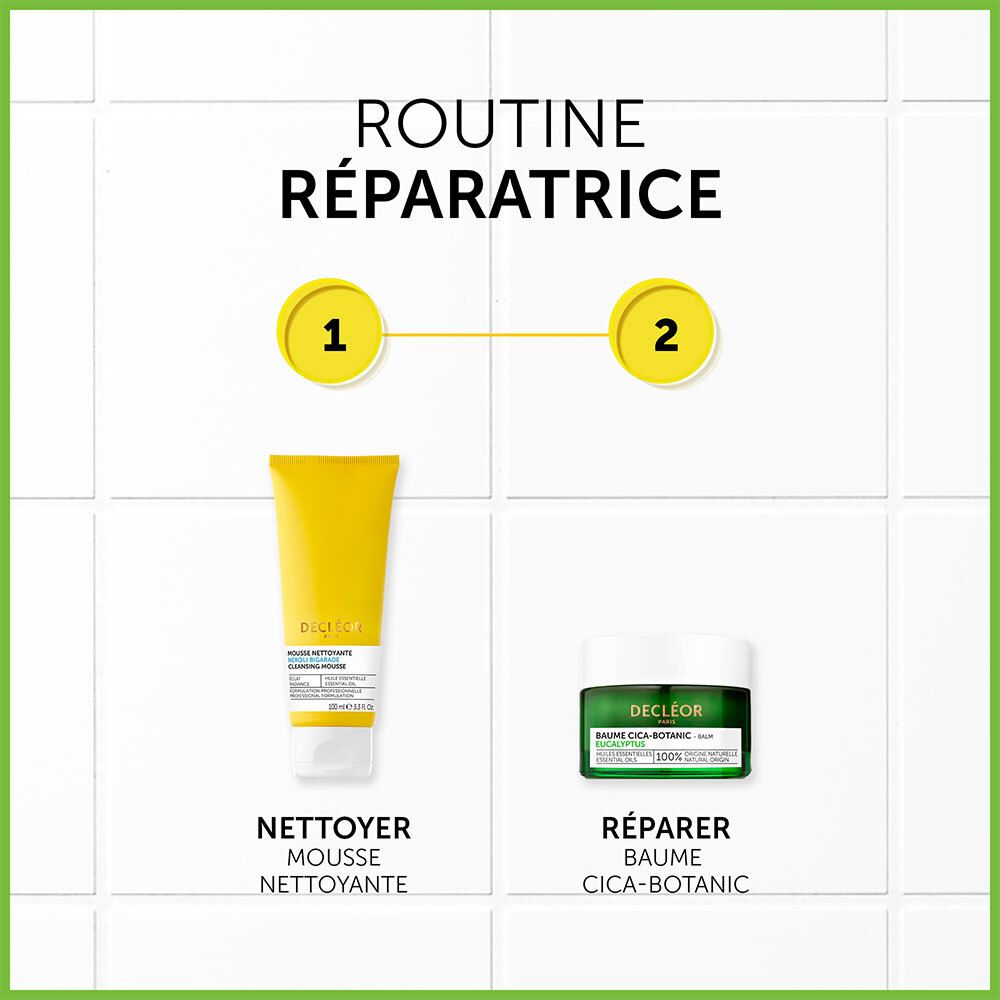 Routine : Nettoyer avec la mousse nettoyante, Réparer avec le baume Cica-Botanique.