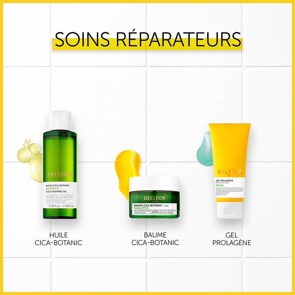 Gamme de produits : Huile Cica-Botanique, Baume Cica-Botanique, Gel Prolagène.