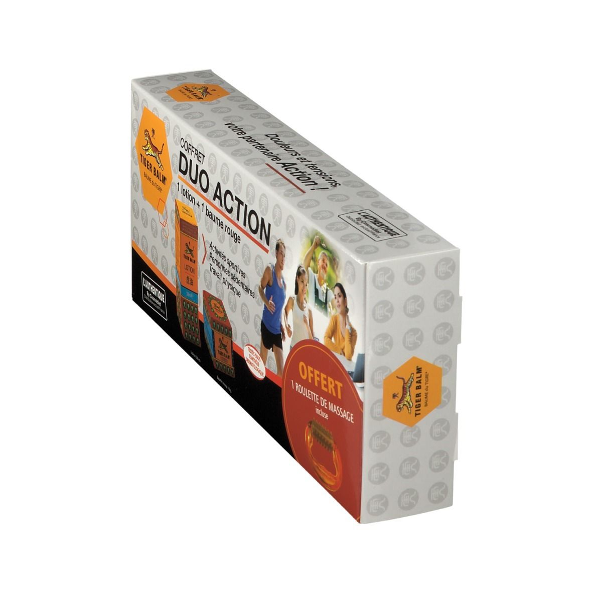 Boîte DUO ACTION avec logo Tiger Balm. Contient 1 lotion et 1 baume rouge. Image de personnes. Offre 1 roulette de massage.